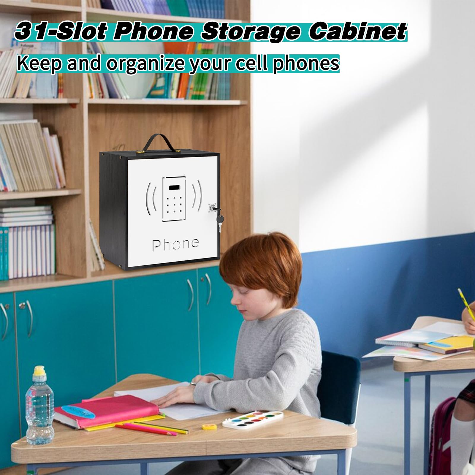 HZE 31-Slot Wooden Cell Phone Holder with Handle & Security Lock - Desktop Phone Storage Cabinet for Classroom, Office, Home - Organize Phones in Meetings, Lectures & Workspaces (Black)