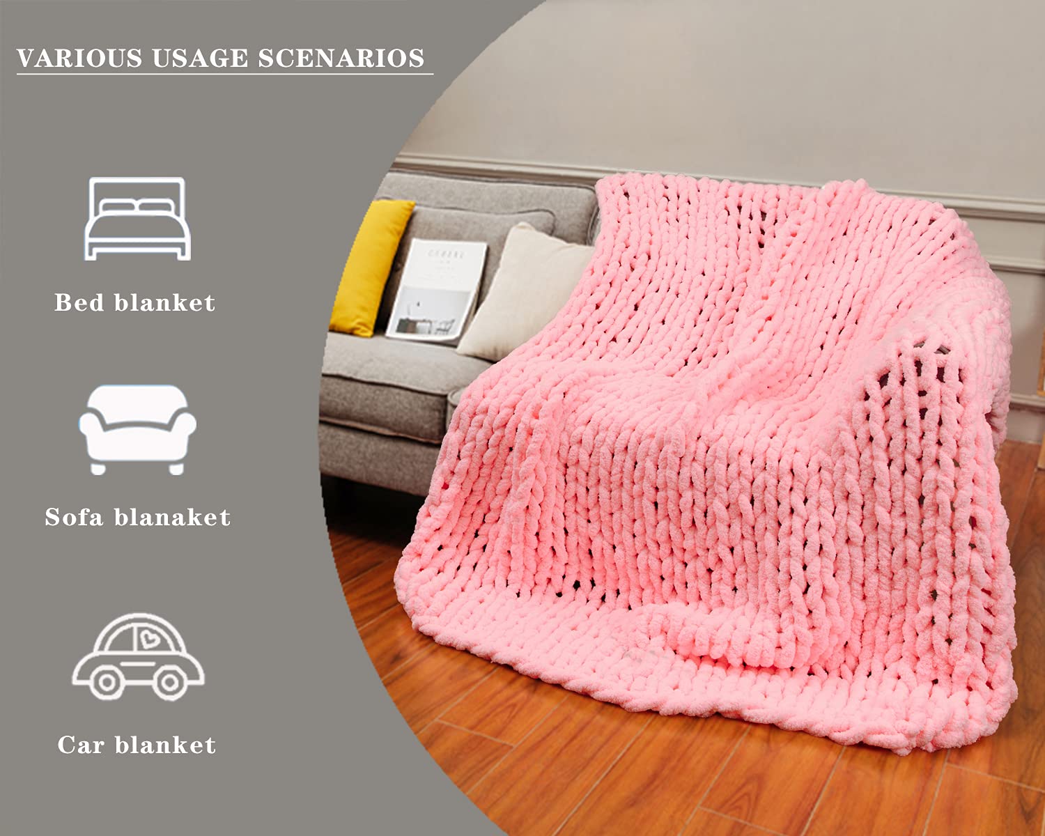Alzoear Chunky Knit Throw Blanket - Chenille Handmade Cozy Warm Blanket for Sofa, Bed, Couch & Home Decor - Soft Luxurious 50x60 Inch Blanket for Winter, Gift Giving & Cozy Evenings (Bright Pink)