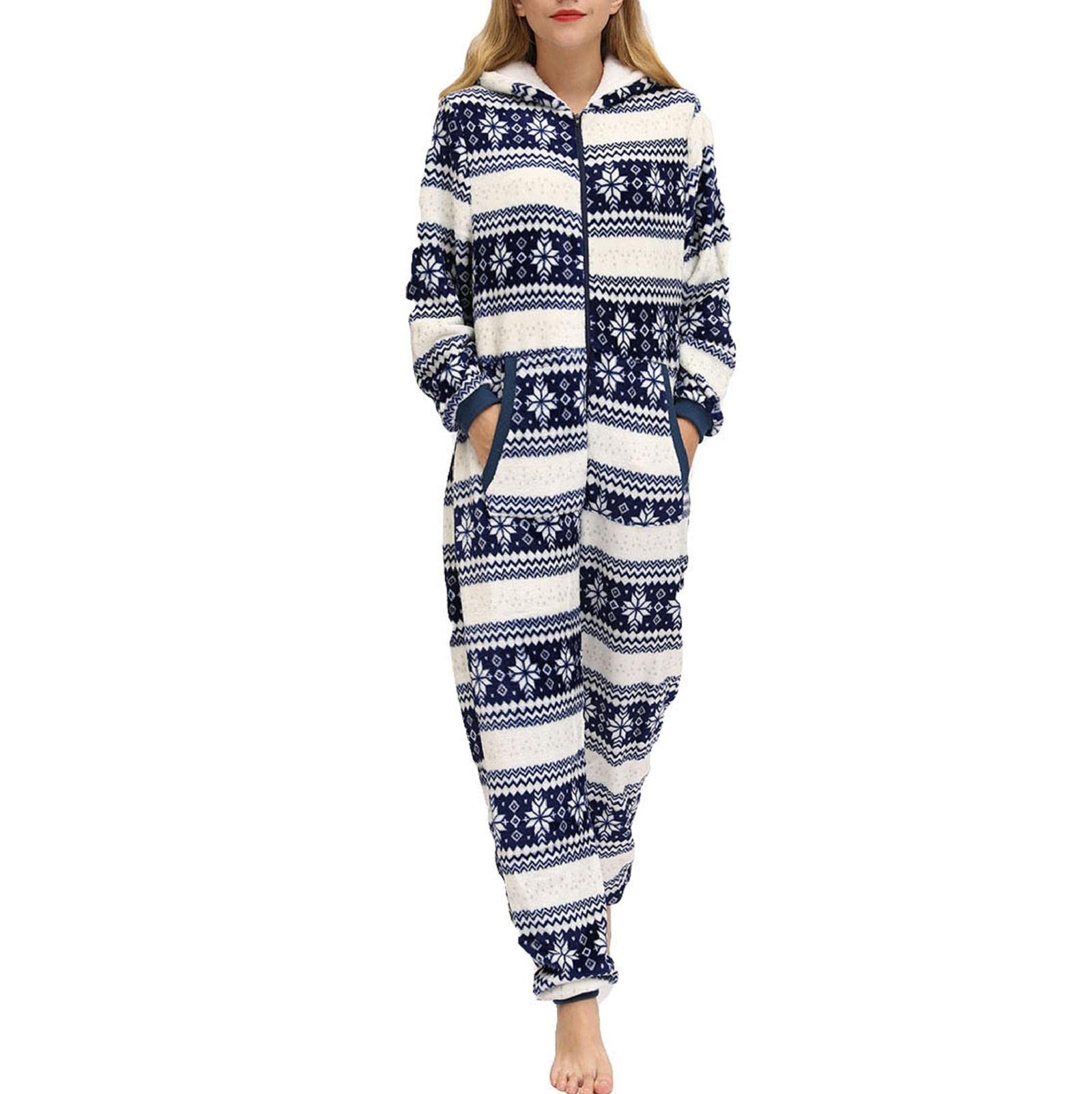 Women's Christmas Fleece Hooded Jumpsuit - Warm Zippered Romper Pajamas for Winter Sleepwear | Cozy Holiday Outfit & Lounge Wear for Xmas Parties