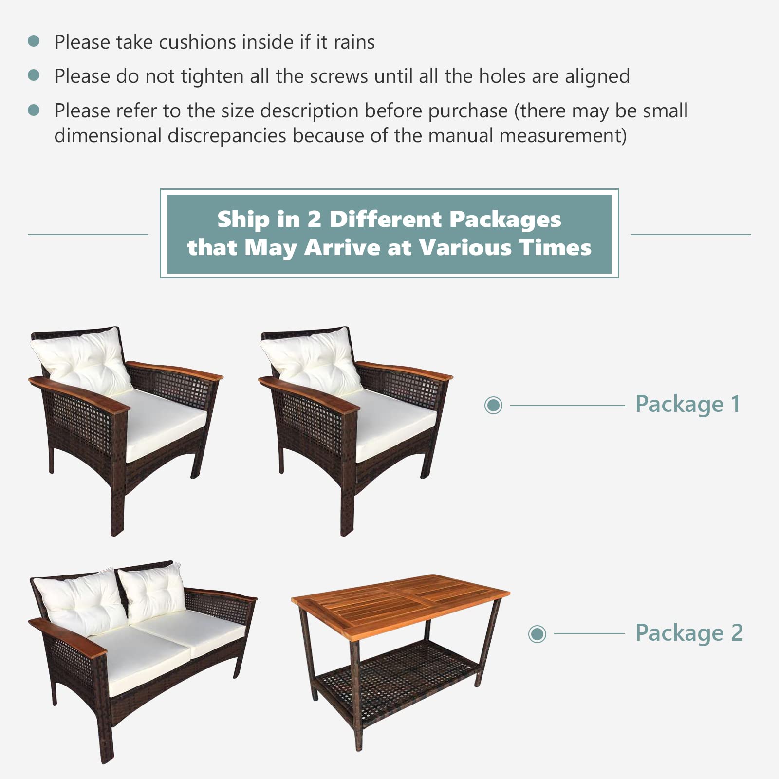 **HAPPYGRILL 4-Piece Outdoor Patio Furniture Set - Acacia Wood Sectional Sofa with Cushions & Coffee Table, PE Wicker Conversation Set for Garden, Poolside, Backyard & Outdoor Relaxation**