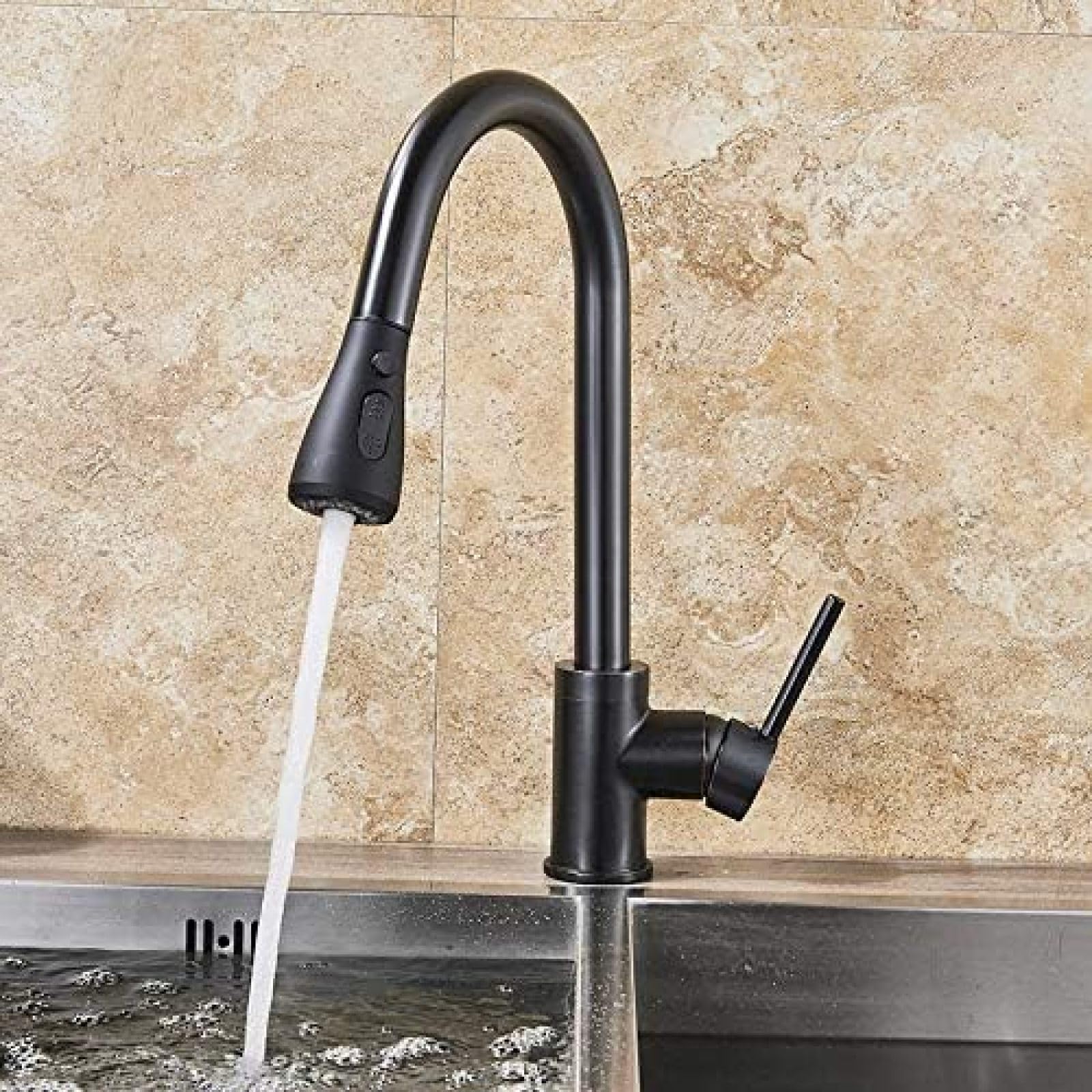 CRJUS Black Pull Down Kitchen Faucet with Spray Stream - Deck Mounted Hot and Cold Water Mixer Tap for Modern Kitchen Sink | Perfect for Washing Dishes, Filling Pots & Cleaning Vegetables