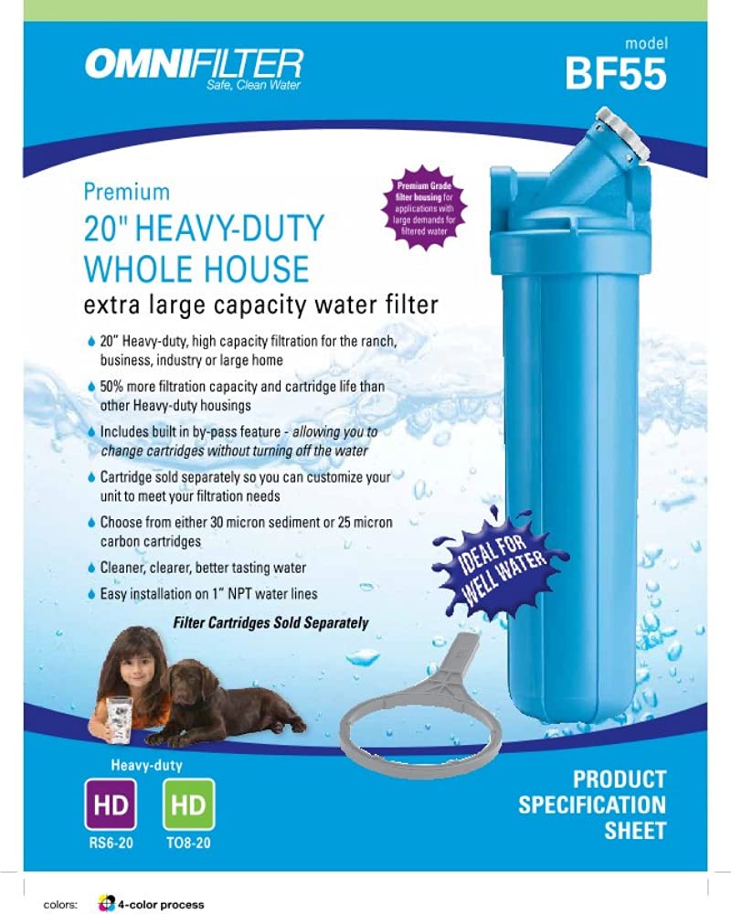 Pentair OMNIFilter BF55 20-Inch Whole House Water Filter Housing with Built-in Bypass - Heavy Duty Blue Water Filtration System for Clean Drinking & Shower Water - Ideal for Home, RV & Well Water Filtration