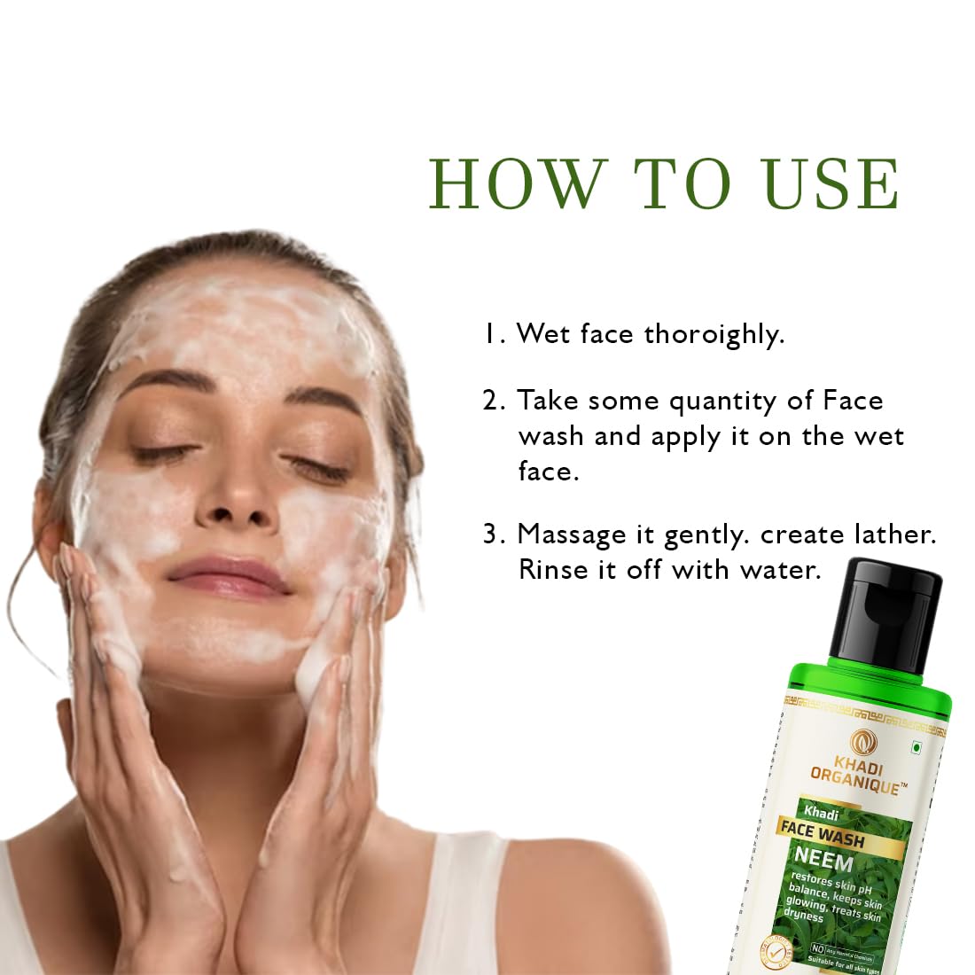 Khadi Organique Neem Face Wash - Natural & Organic Cleanser for Acne & Oily Skin | Perfect for Daily Skincare Routine & Sensitive Skin Care