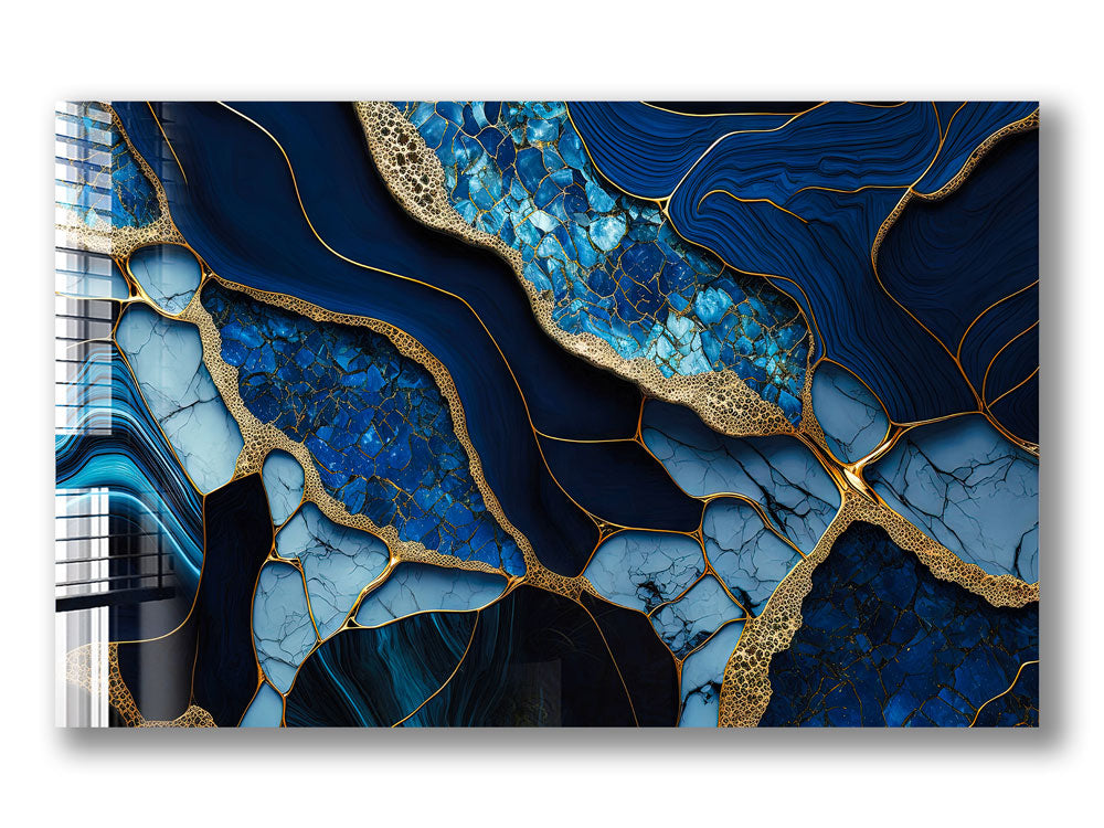Golden Veined Blue Abstract Wall Art - Modern Canvas Painting for Home & Office Decor - Perfect for Living Room, Bedroom or Workspace