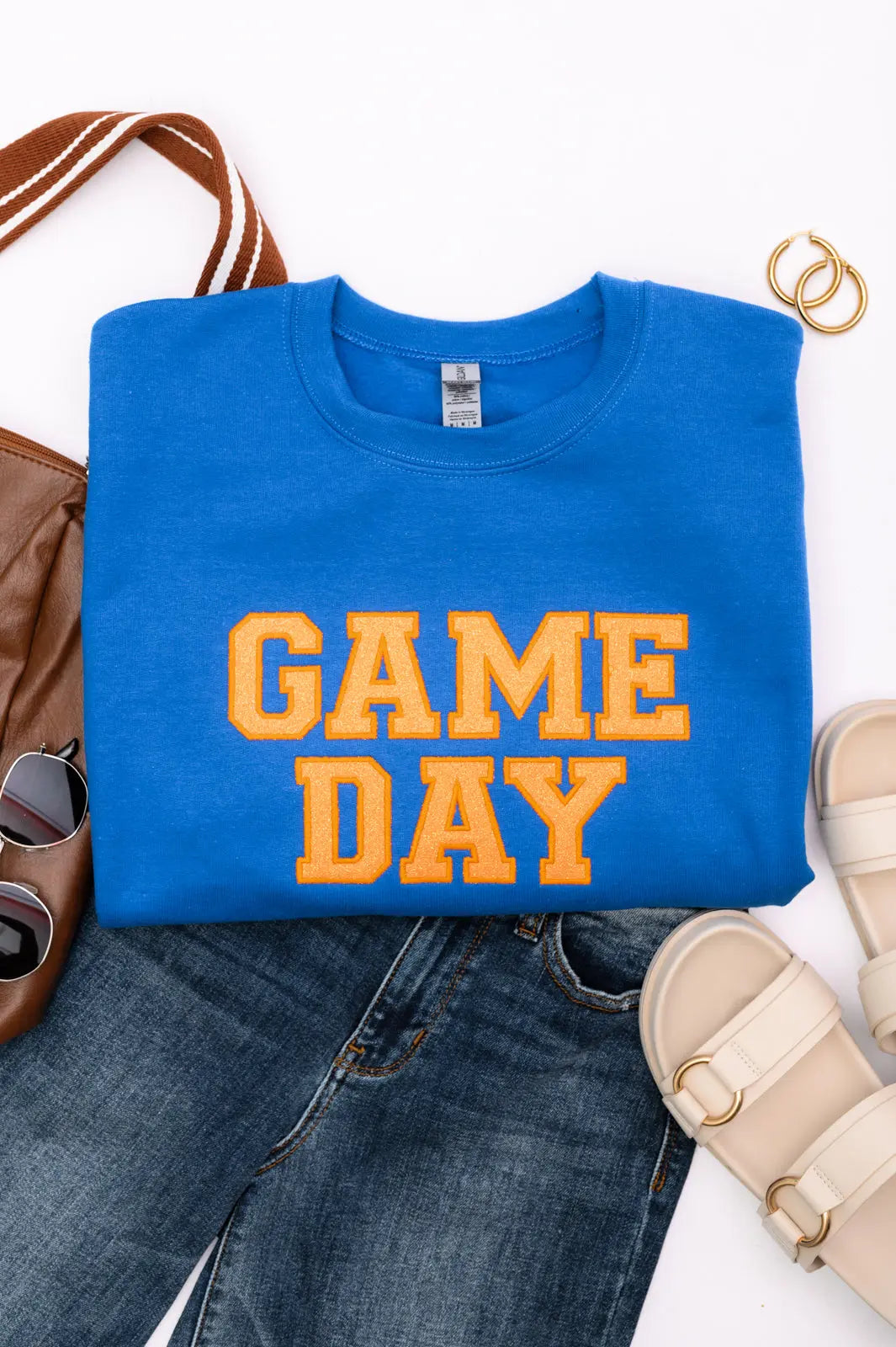 PREORDER: Embroidered Glitter Game Day Sweatshirt - Royal Blue & Orange | College Football, Tailgating, Sports Fan Apparel