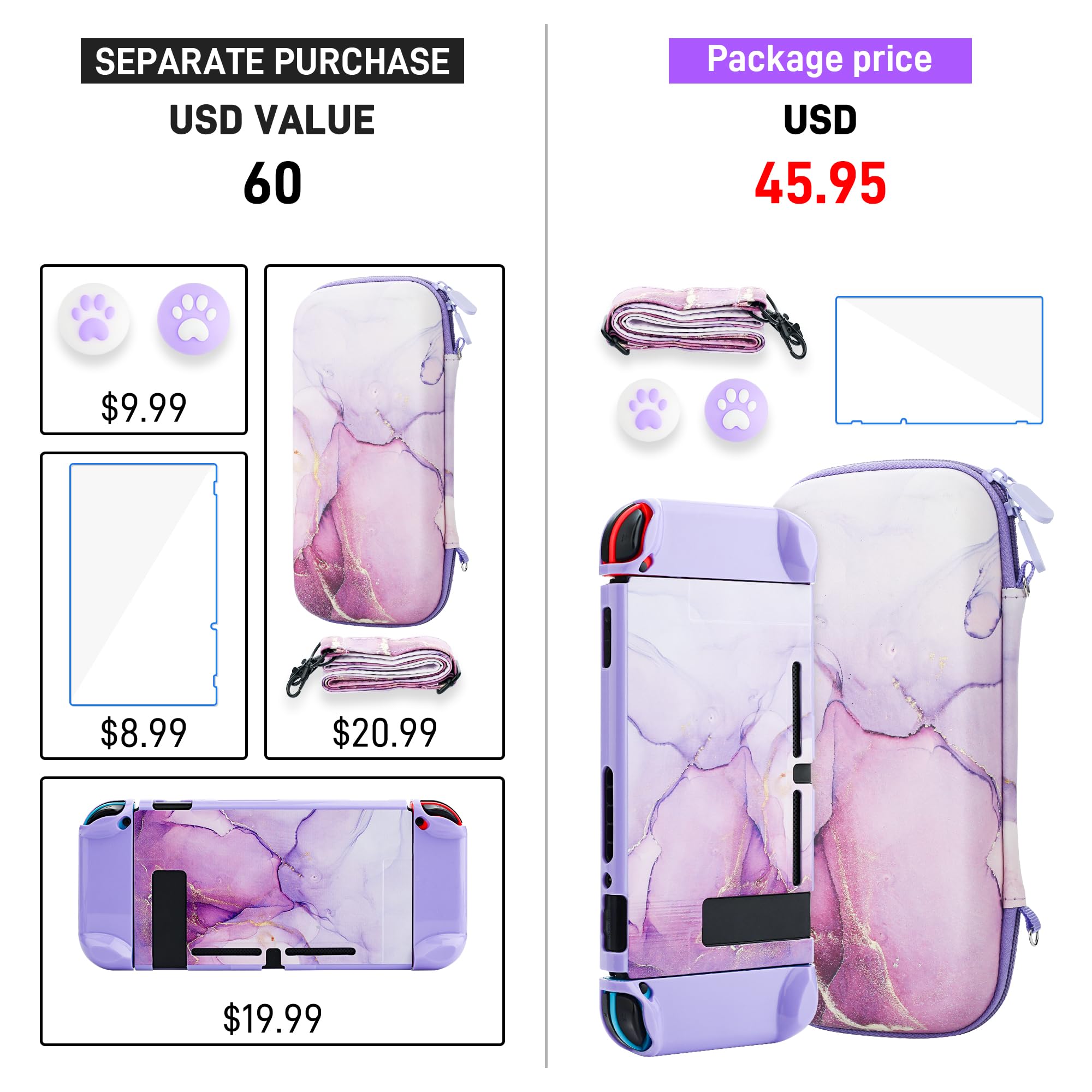 Premium Nintendo Switch Case Bundle - Protective Carrying Case for Switch Console & Joy-Con Controllers with Screen Protector, 2 Thumb Grips & Adjustable Shoulder Strap (Marble Purple) | Perfect for Travel, Gaming On-The-Go & Console Protection
