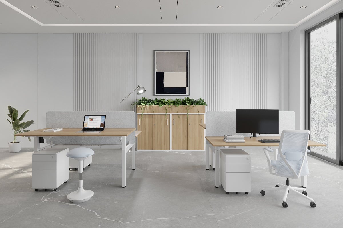 Adjustable 2-Person H Bench Workstation - White Frame (1600L x 800W) with Cable Management | Ergonomic Office Desk for Collaborative Workspaces & Home Offices