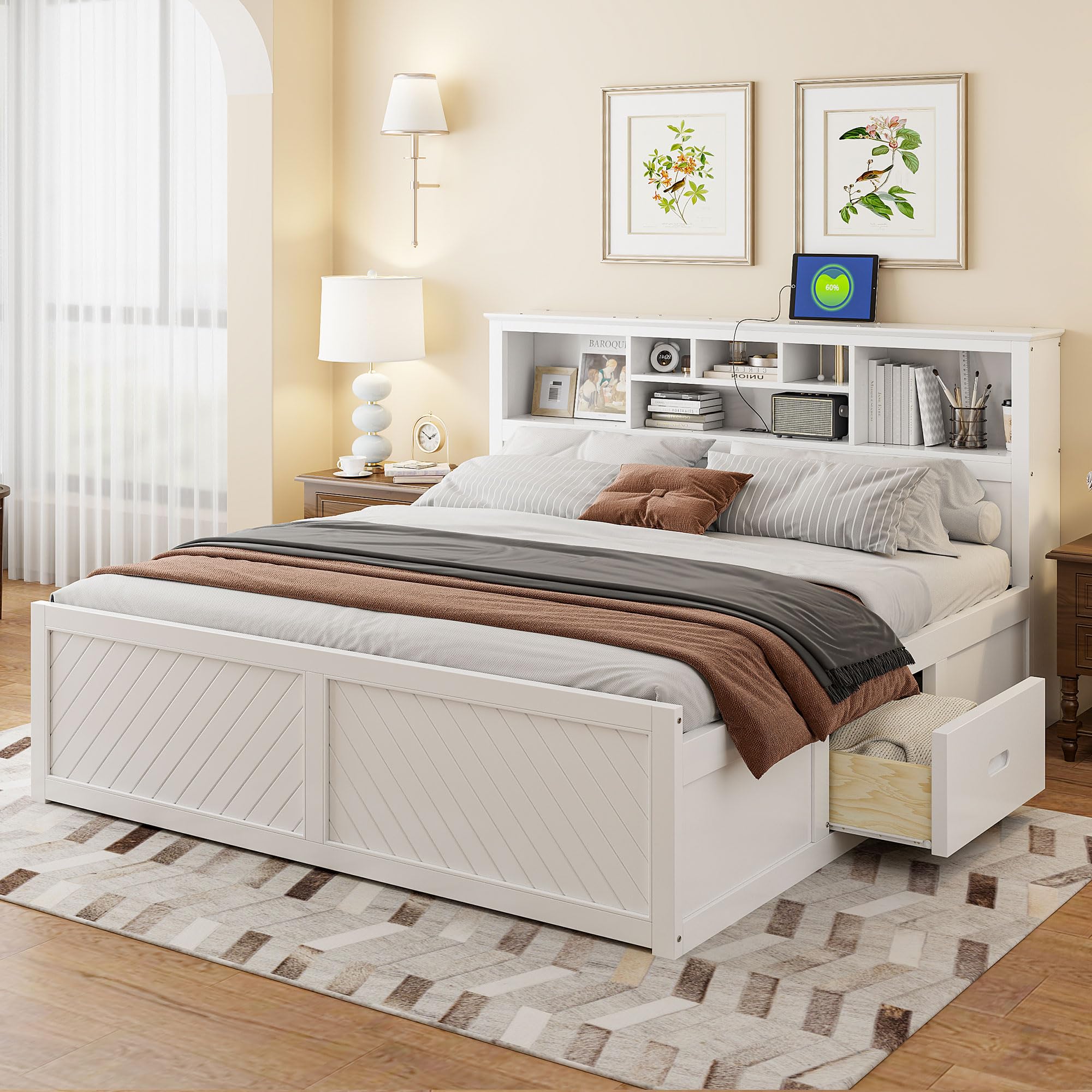 P PURLOVE King Size Wooden Platform Bed Frame with USB Ports & Storage Drawers - Multi-Functional Headboard, Modern Bedroom Furniture for Space Saving & Organization