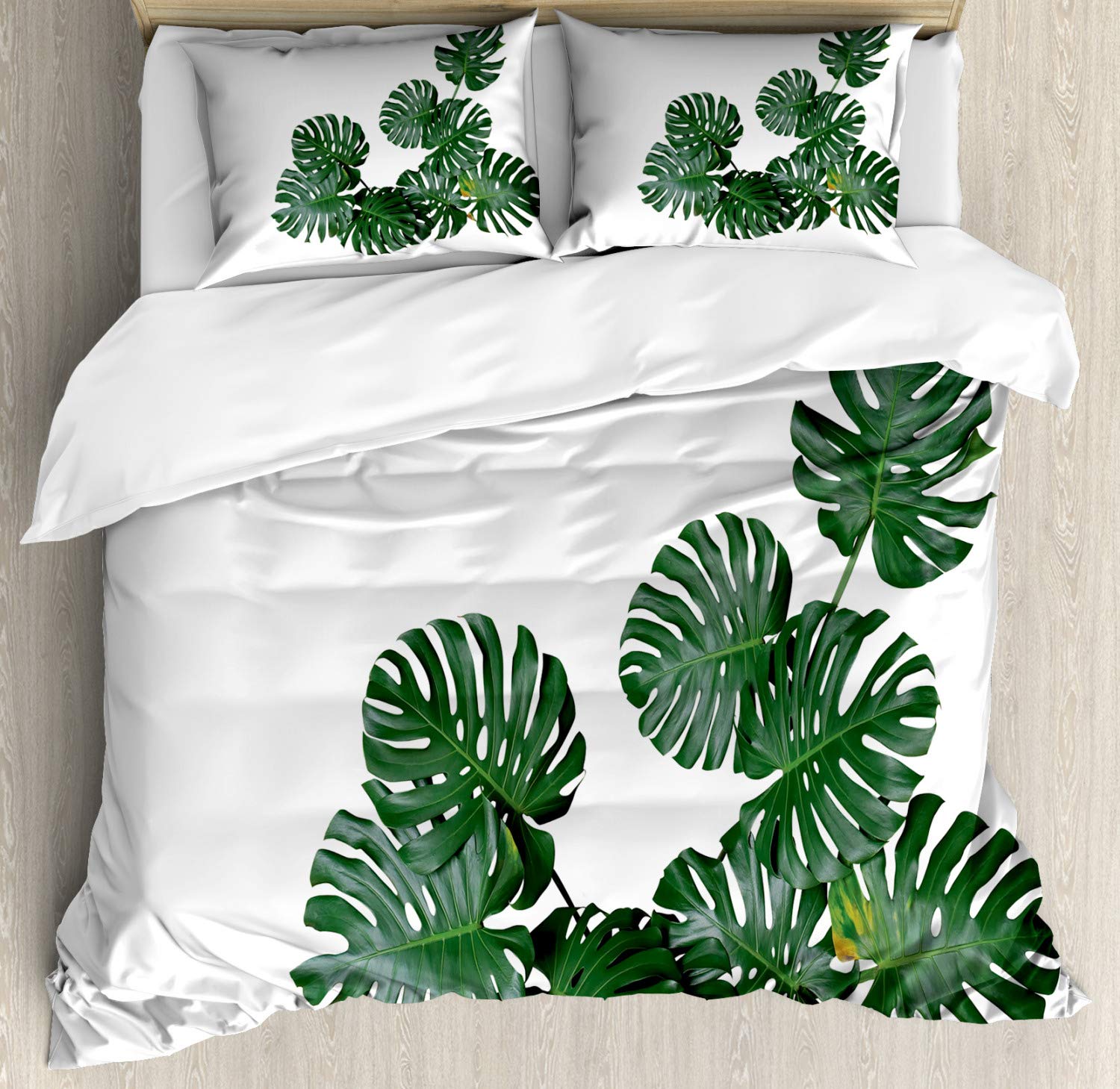 Ambesonne Philodendron Duvet Cover Set - Realistic Monstera Deliciosa Dark Green Leaves on White Background, 3-Piece King Size Bedding Set with 2 Pillow Shams in Laurel Green Emerald | Tropical Botanical Bedroom Decor for Modern Home & Guest Room