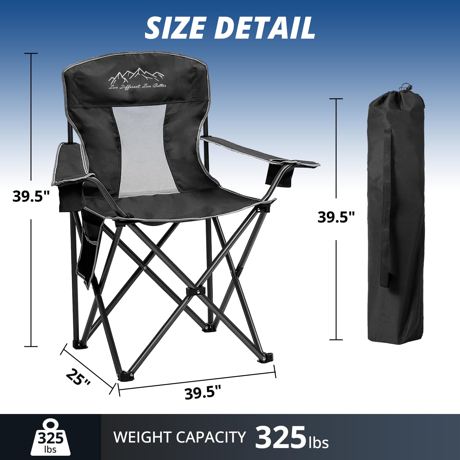 2PCS Heavy Duty Mesh Folding Camping Chairs - Oversized Portable Outdoor Chairs with 325 lbs Weight Capacity, Cup Holder & Storage Pocket - Includes Carry Bag (Black) - Perfect for Backyard, Beach, Picnic, Hiking and Camping Trips