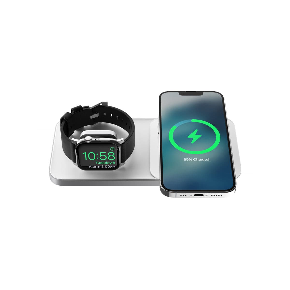 NOMAD Base One Max MagSafe Charger for Apple Watch - Fast Wireless Charging Stand for iPhone & Apple Watch (Silver) | Perfect for Nightstand, Office Desk & Travel Accessories