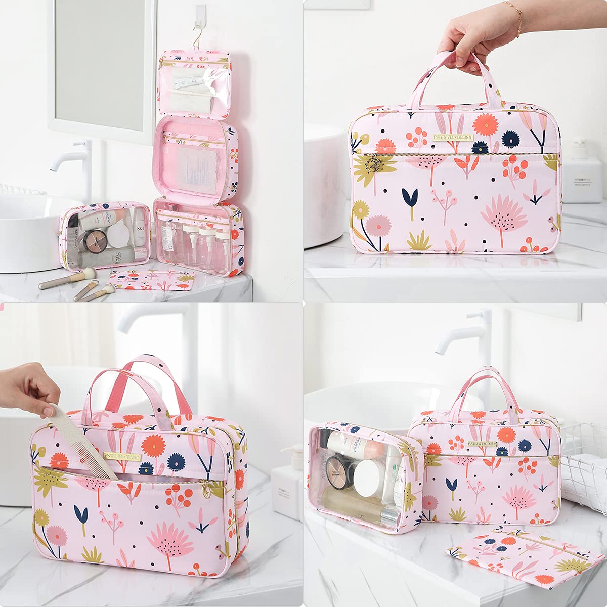 Lychii Hanging Toiletry Bag for Women - Large Floral Printed Travel Makeup Organizer & Cosmetic Case - Perfect for Bathroom, Shower, Gym, and Vacation Travel Accessories