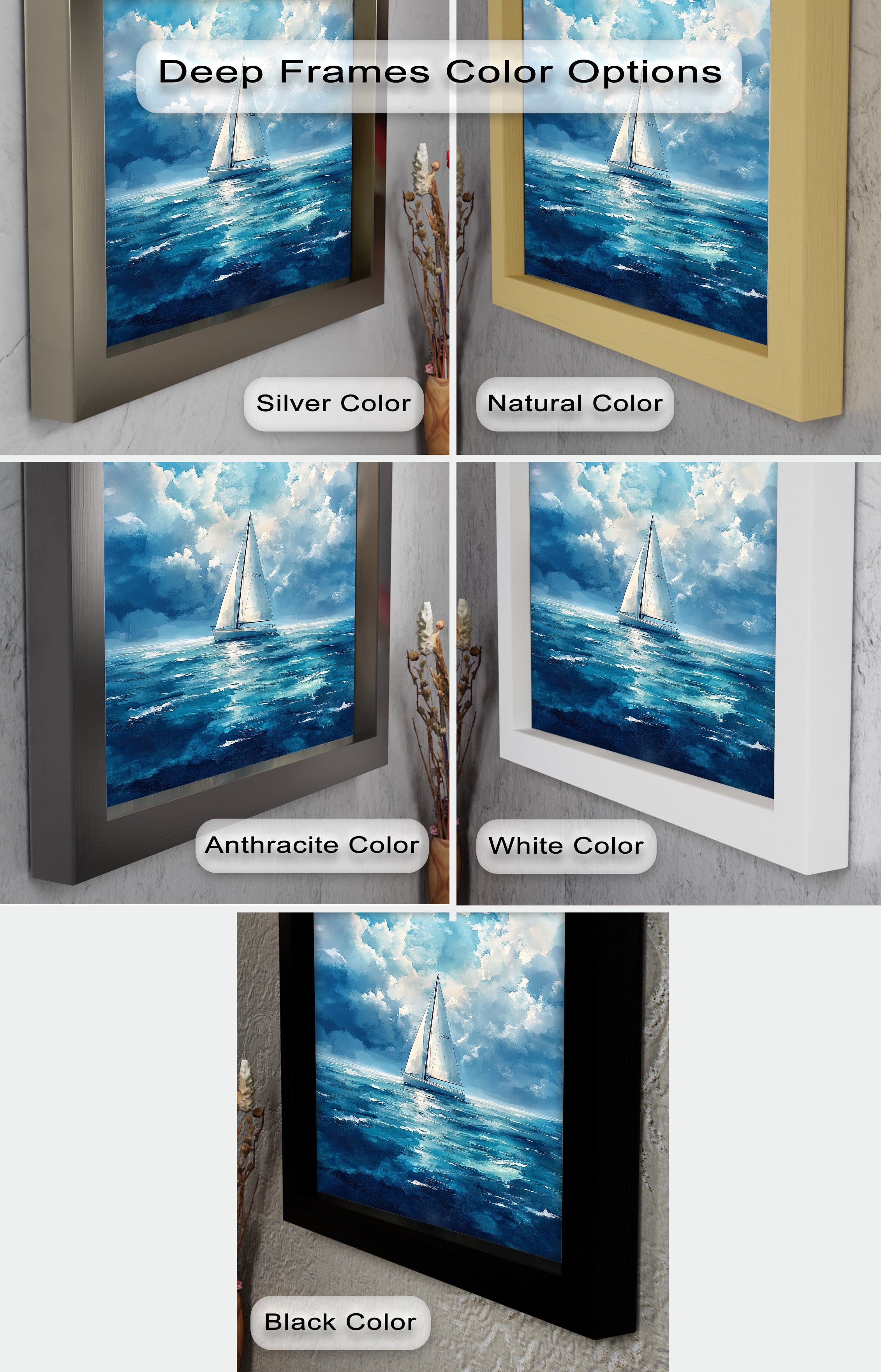 Blue Sky White Sailboat Oil Painting - Handmade Nautical Wall Art for Living Room, Bedroom & Office Decor