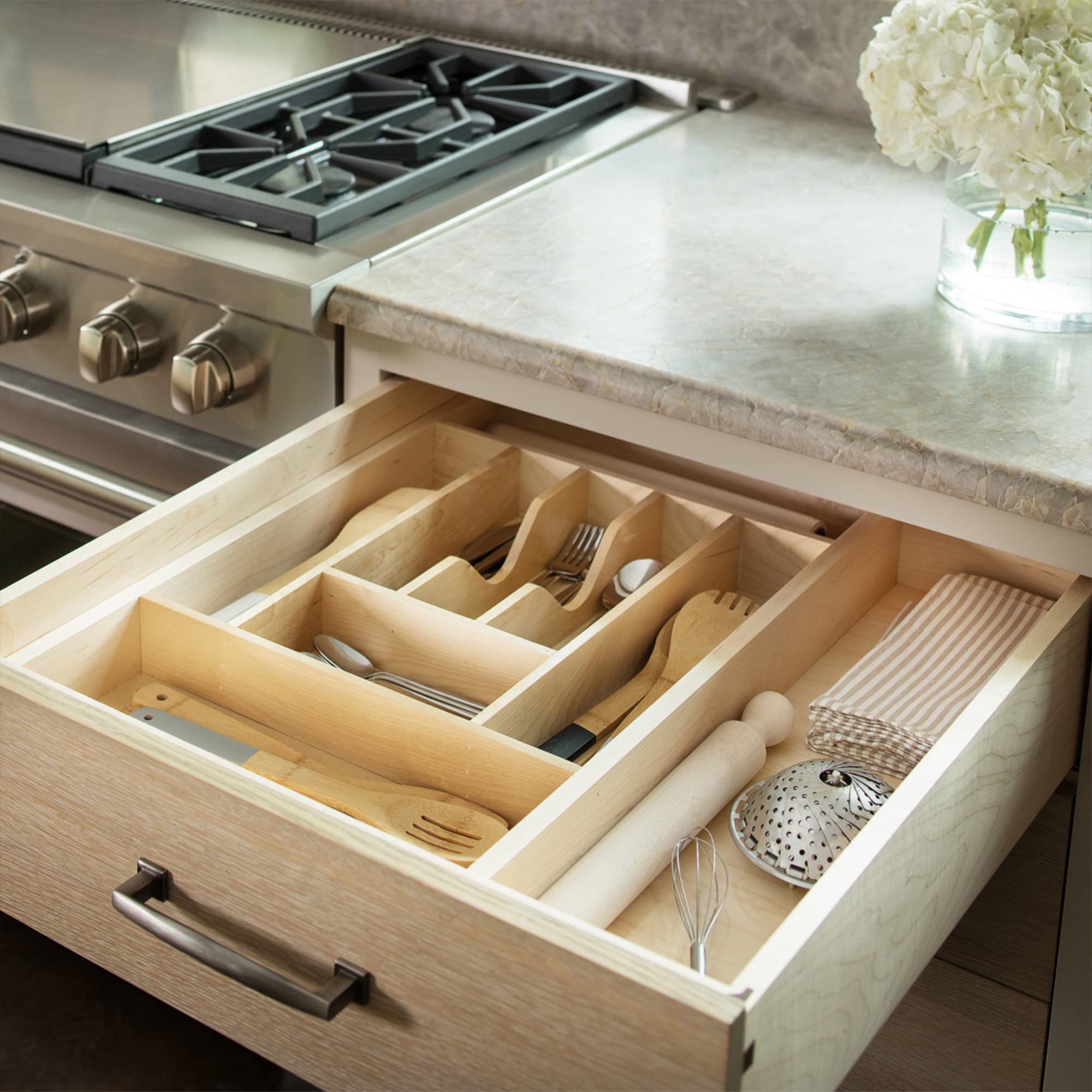 Rev-A-Shelf Adjustable Silverware Drawer Organizer - 9-Compartment Natural Maple Wood Utensil Tray for Kitchen Cutlery Storage | Fits Most Cabinets | Perfect for Organizing Forks, Spoons & Knives