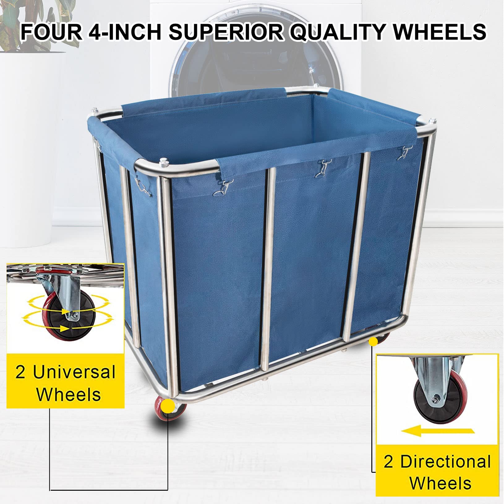 Commercial Laundry Cart - 11.35 Bushel (400L) Heavy Duty Rolling Laundry Hamper with 4