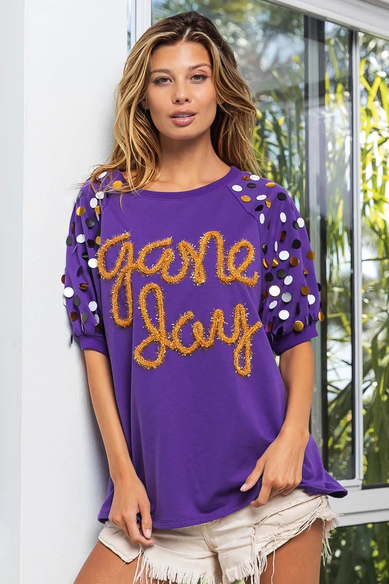 BiBi Game Day Metallic Letter Spangle Sleeve Top - Stylish Women's Party Blouse for Football Games, Concerts & Night Out