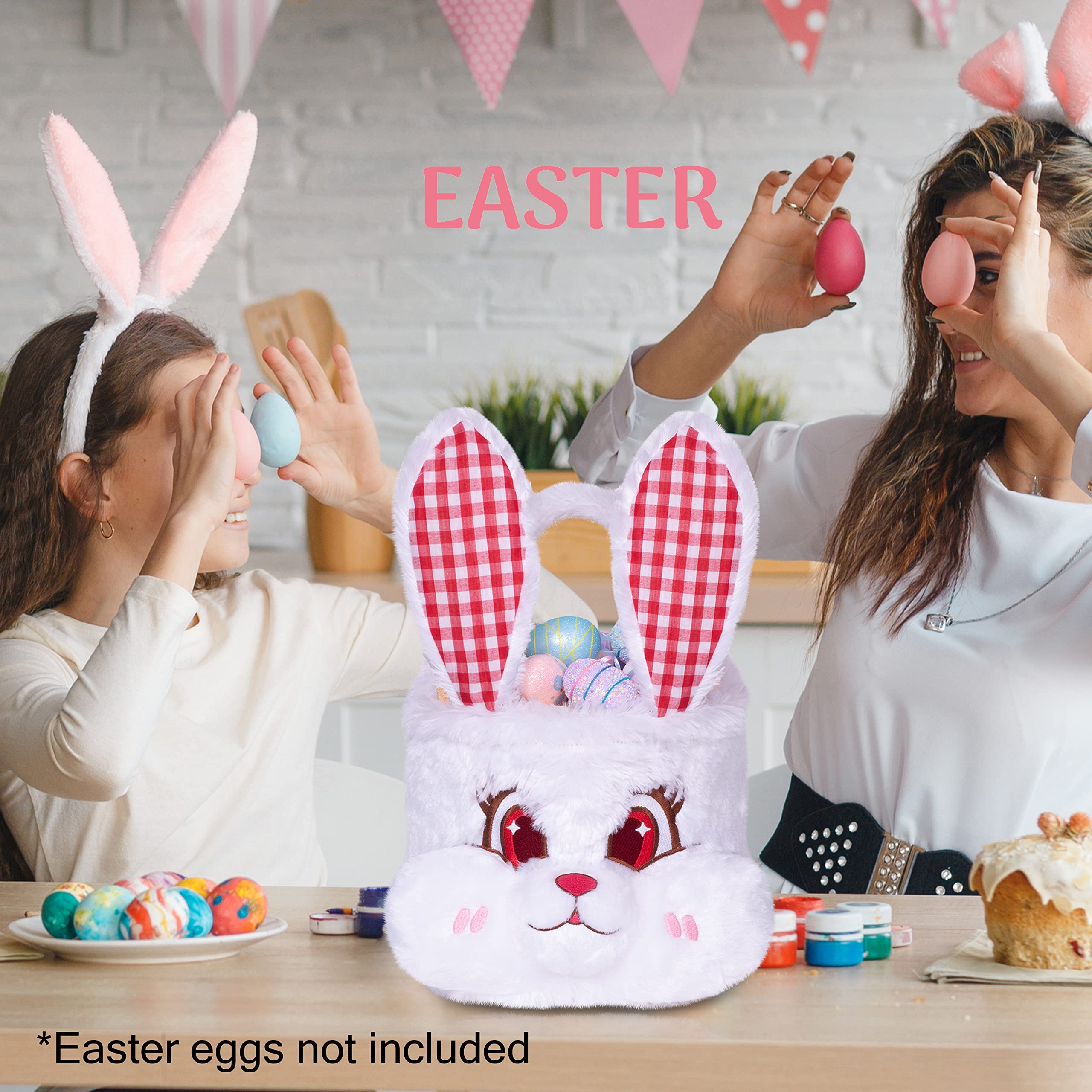 3D Cute Bunny Easter Basket for Kids - Foldable Ears & Handle, Empty Plush Bucket for Egg Hunt, Candy Storage & Easter Decor (White) - Perfect Gift for Boys, Girls & Teens - Ideal for Easter Parties, Egg Hunts & Spring Celebrations
