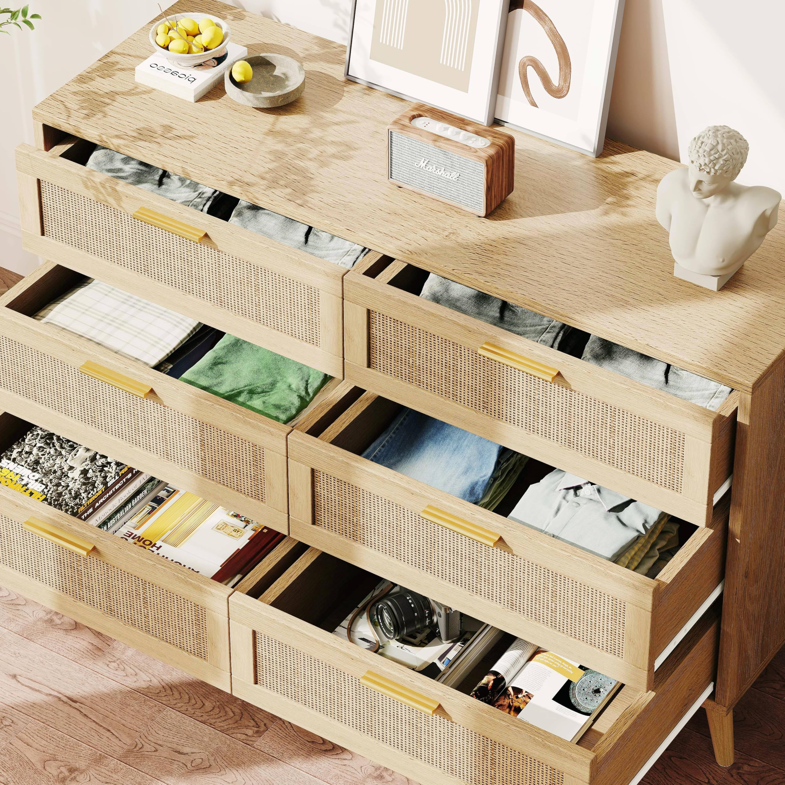 Rovaurx 6-Drawer Double Dresser for Bedroom - Modern Rattan Wooden Chest with Gold Handles, Storage Organizer for Closet, Living Room & Entryway - Natural Finish | Perfect for Bedroom Storage, Guest Room Furniture & Home Organization