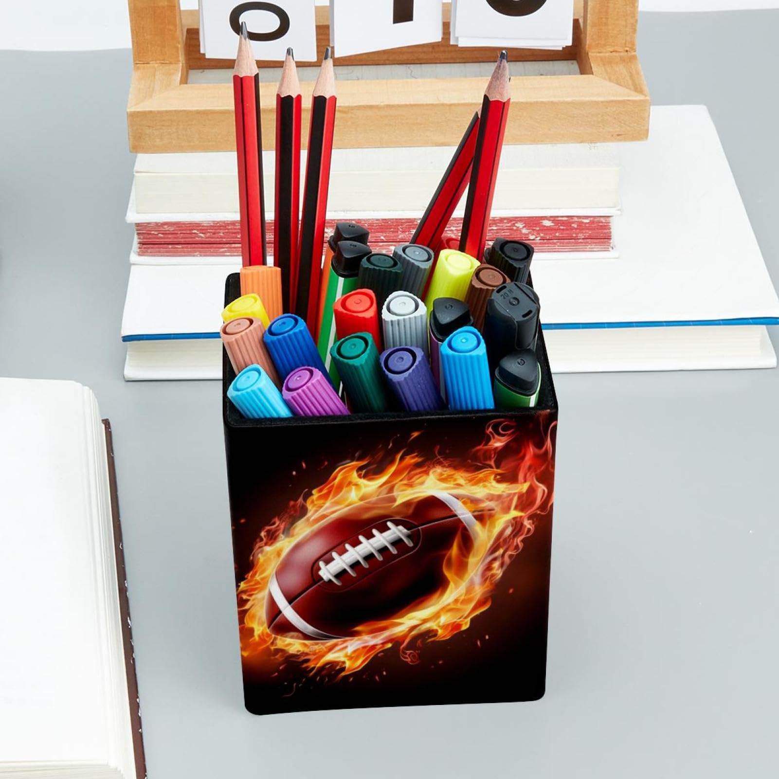 Desk Pen Holder & Pencil Organizer - American Football & Fire Design Office Supplies for Home, School, and Workplace Organization