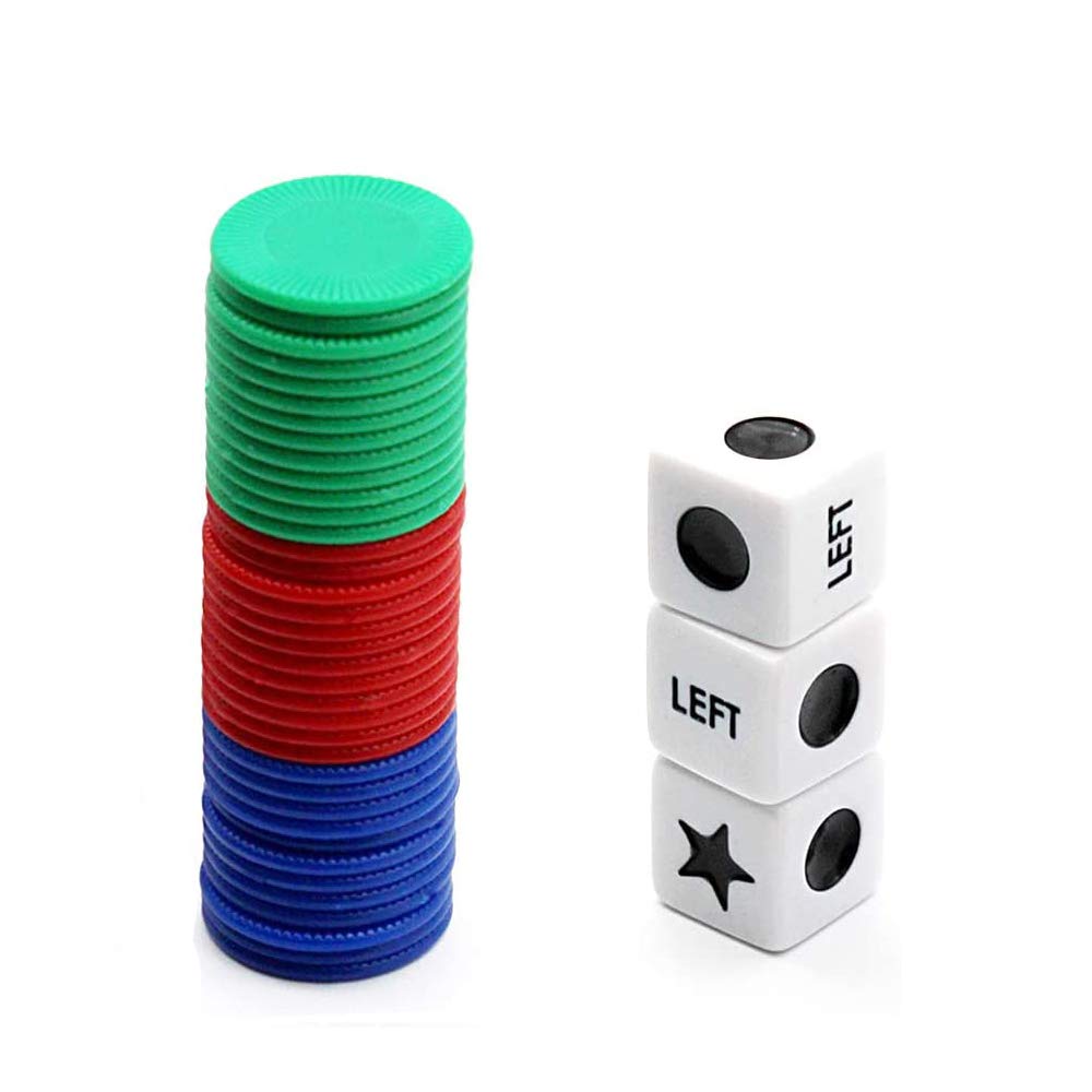 Right Left Center Dice Game Set with 3 Dice & 36 Colorful Chips - Fun Party Game for Family Gatherings, Game Nights and Travel Entertainment
