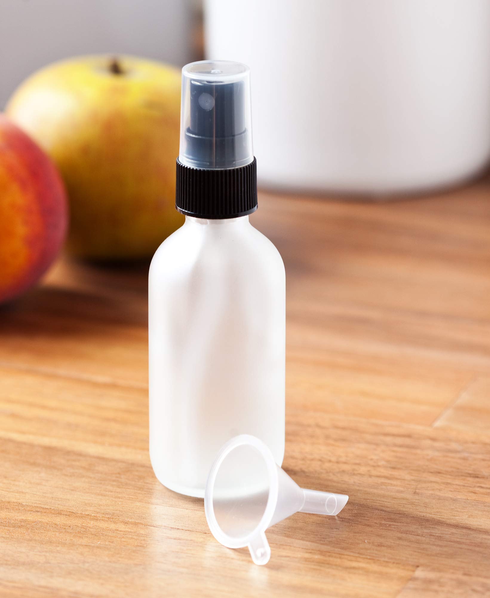 JUVITUS 2 oz Frosted Clear Glass Boston Round Bottles with Black Mist Sprayer (24 Pack) + Free Funnel - Perfect for Essential Oils, DIY Beauty Products & Home Cleaning Solutions