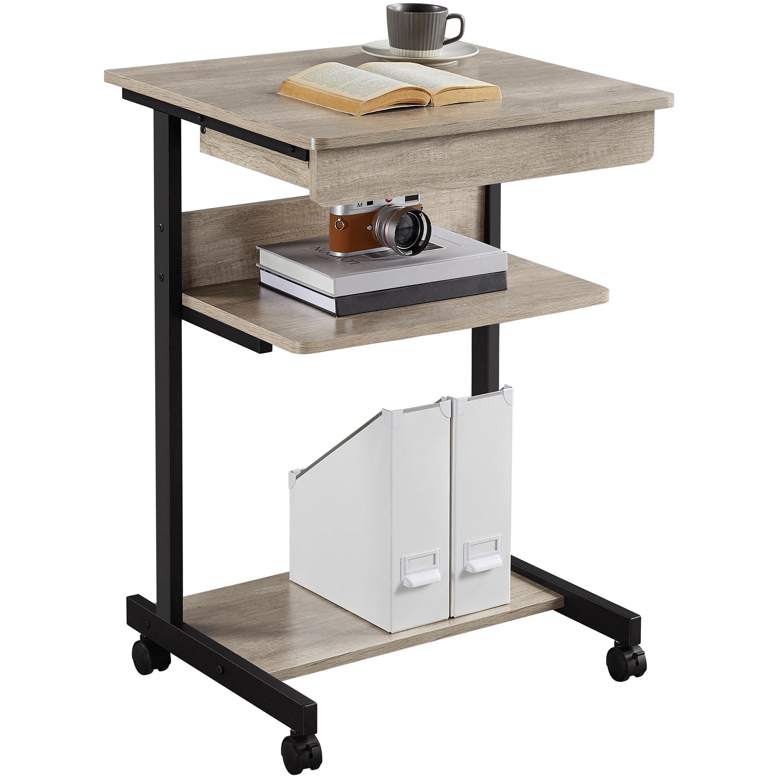 Yaheetech Rolling Computer Desk with Drawer & Keyboard Tray - Adjustable Mobile Laptop Desk Cart Standing Workstation for Home Office, Study & Small Spaces - Ergonomic Gray Computer Table for Work from Home & Remote Learning