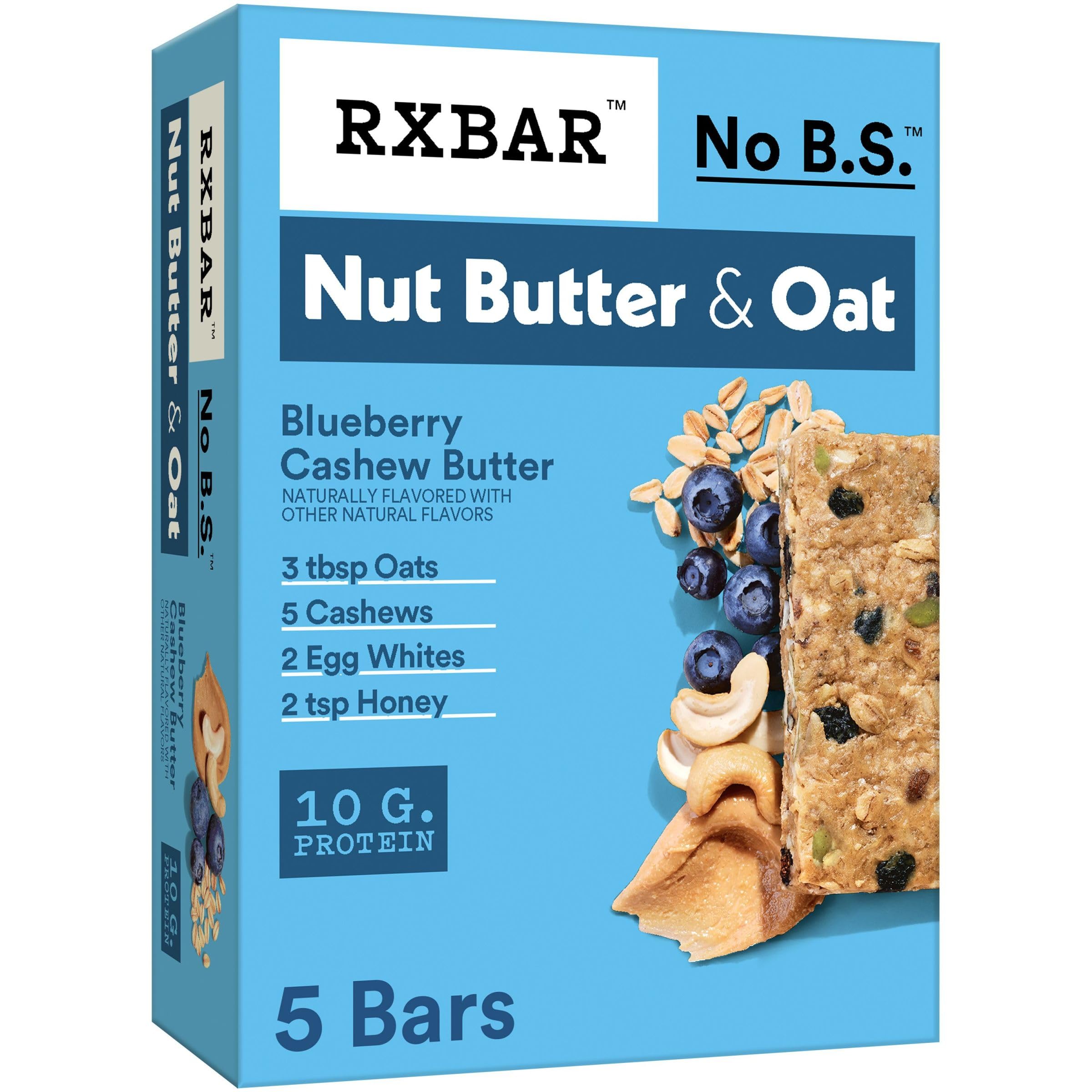 RXBAR Nut Butter and Oat Protein Bars - Blueberry Cashew Butter Flavor, 9.7oz Box (5 Bars) | High Protein Snacks for Workout Recovery, Healthy On-the-Go Breakfast & Office Snacks