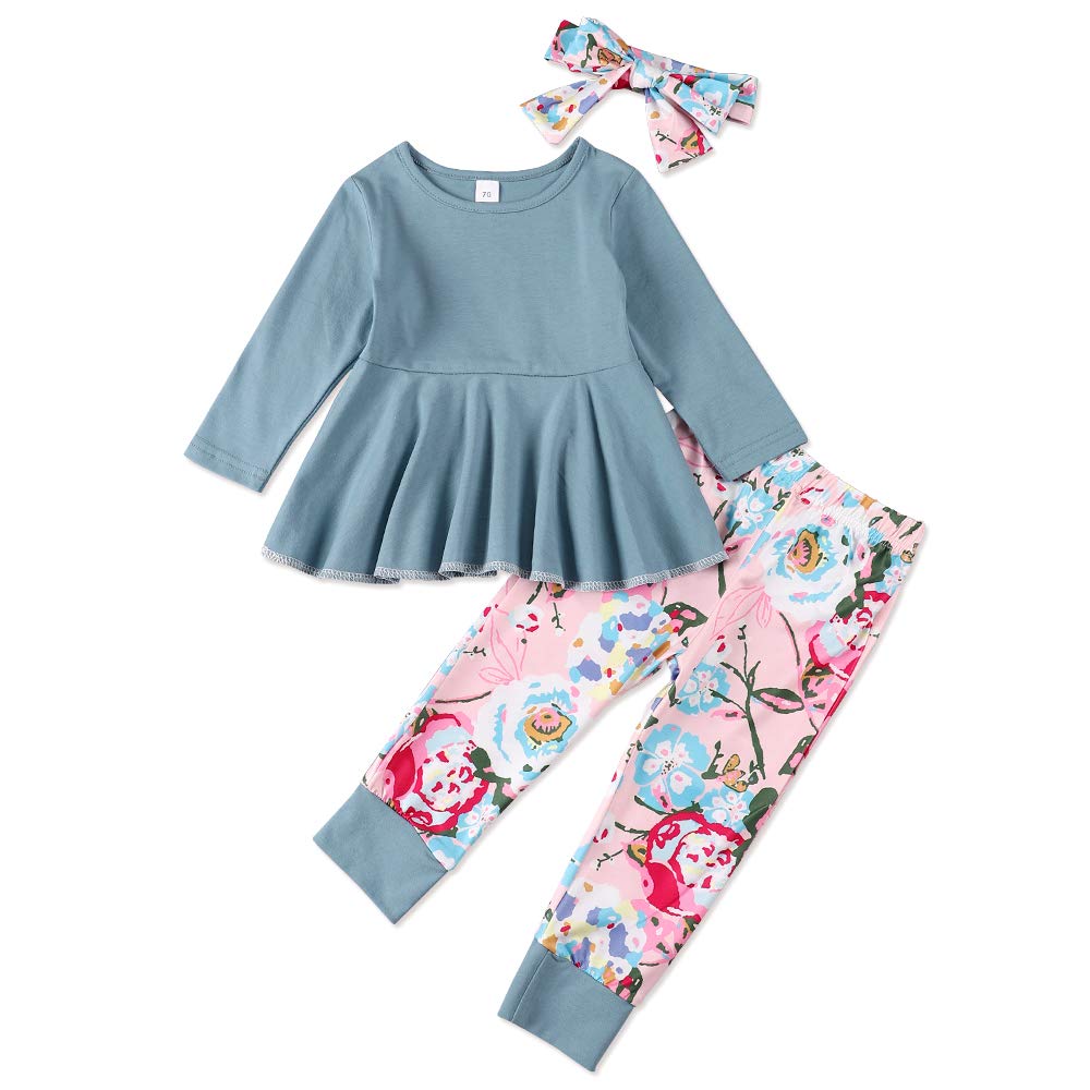 Toddler Baby Girl Outfit Set - Solid Color Ruffle Top & Floral Pants with Cute Headband | Casual Spring Summer Playtime Clothes