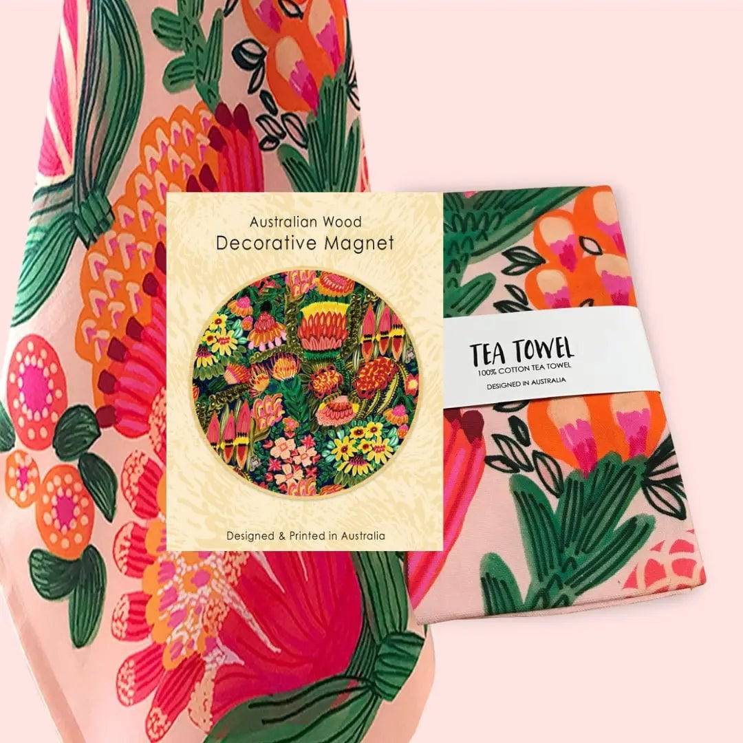Grevillea Garden Tea Towel & Wooden Fridge Magnet Gift Set - Australian Floral Design Kitchen Accessories for Home Decor & Housewarming Gifts