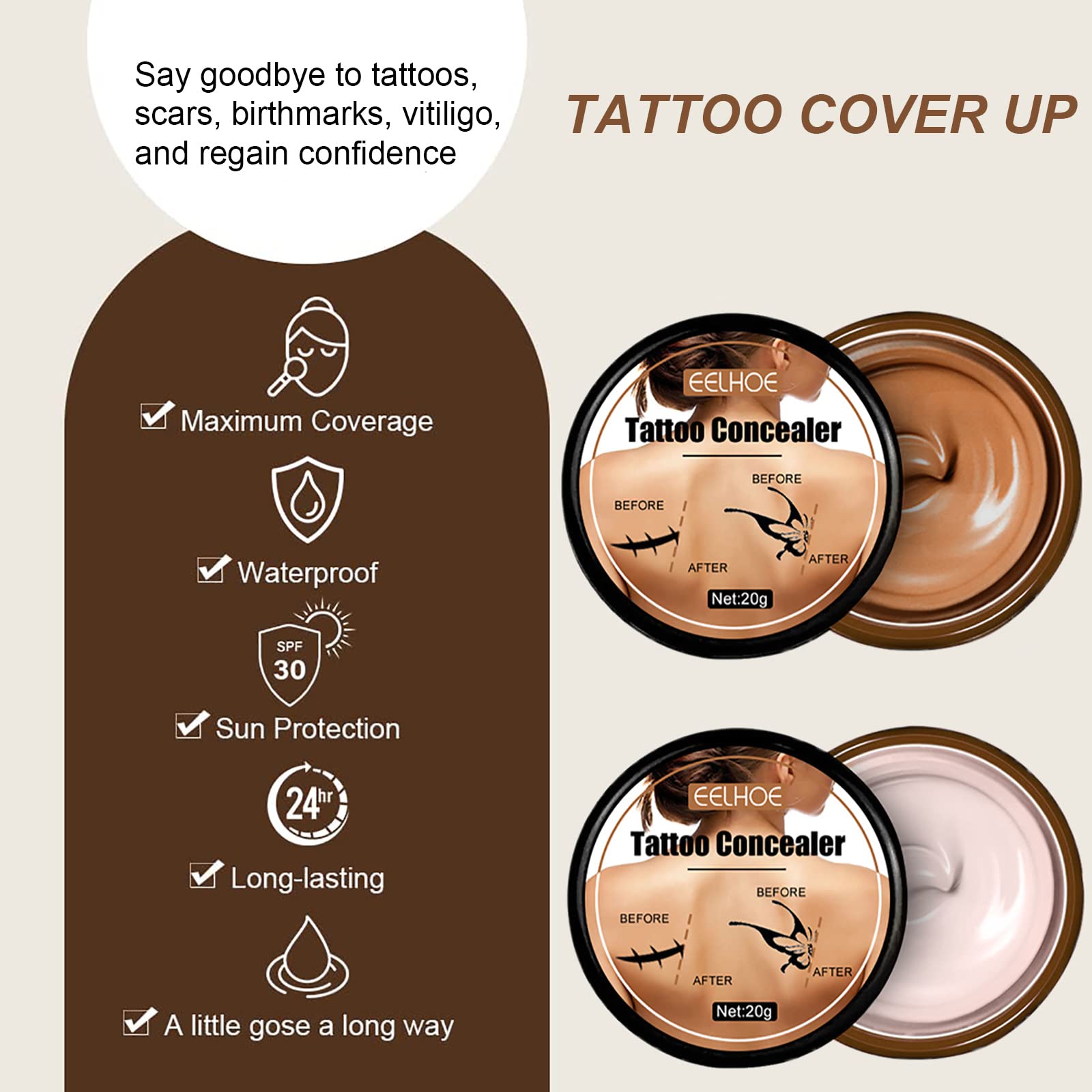 Waterproof Tattoo Concealer & Body Makeup - Full Coverage for Dark Spots, Scars, Birthmarks, Vitiligo & Varicose Veins | Long-Lasting Leg Makeup Foundation (Dark Color) | Perfect for Weddings, Beach Days & Professional Events