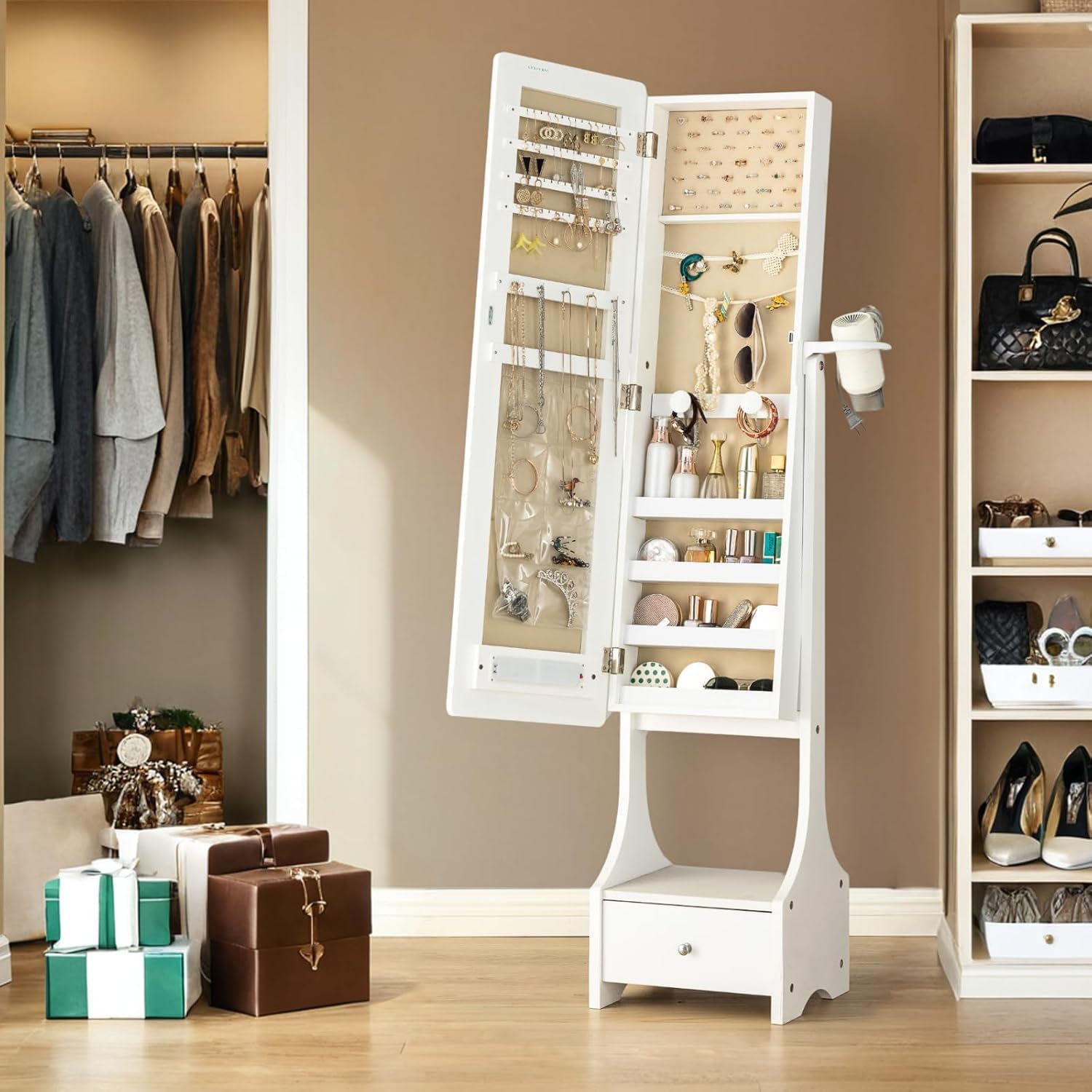 LUXFURNI Full Length Mirror Jewelry Armoire with Storage - Lockable Standing Jewelry Cabinet Organizer for Bedroom, Closet & Dressing Room - White