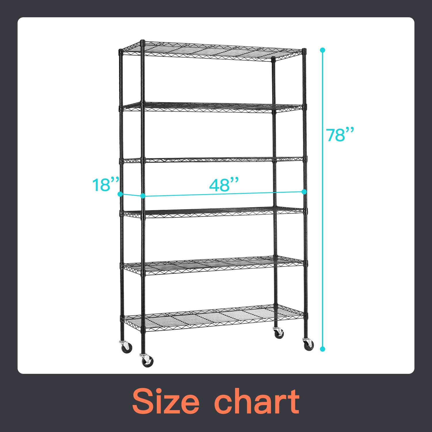 Commercial Wire Shelving Unit - Heavy Duty Adjustable Metal Shelves with Casters, 48x18x72 Black Steel Rack for Restaurant, Kitchen, Pantry & Garage Storage Organization