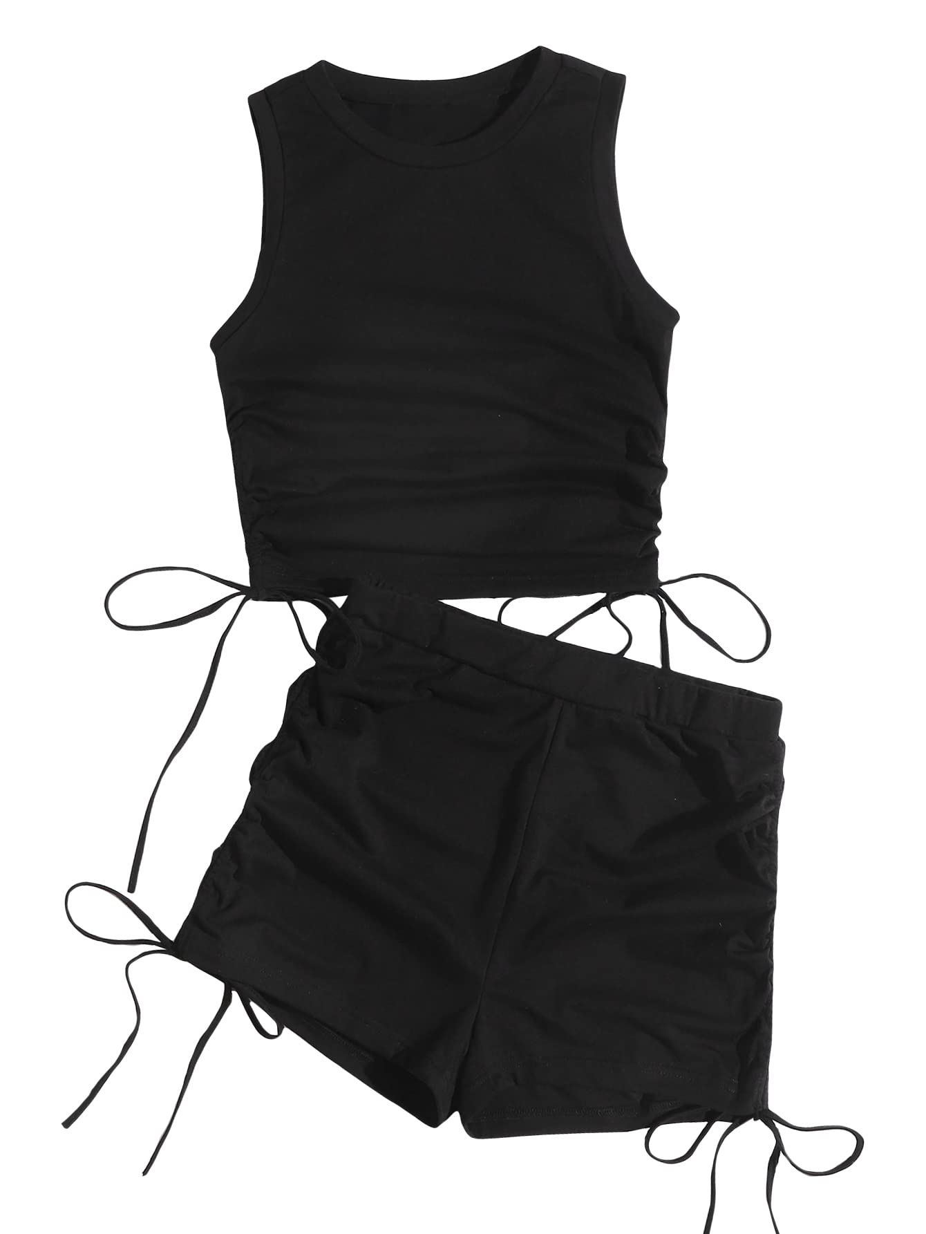 GORGLITTER Women's 2-Piece Summer Outfit Set - Ruched Crop Top & Drawstring Shorts for Casual Wear, Gym, Beach Vacation & Street Style