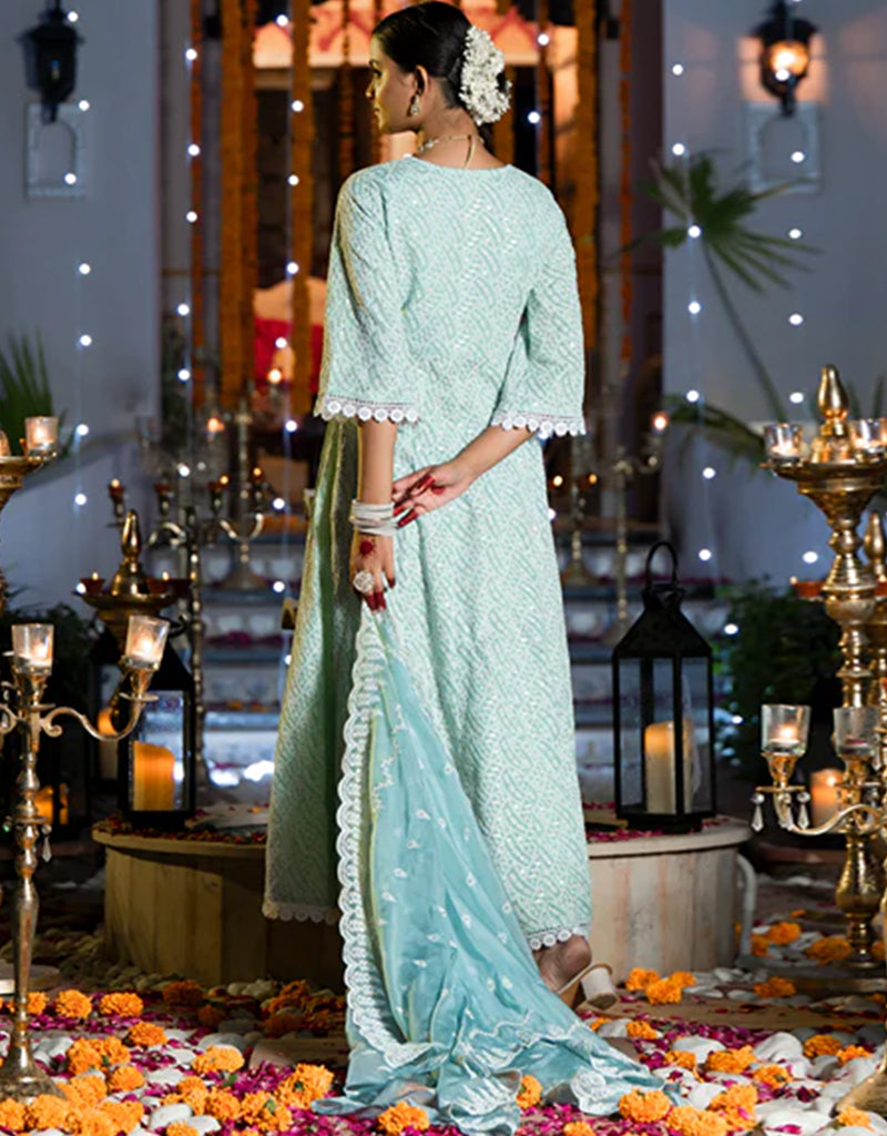 Sky Blue Pure Cotton Angrakha Anarkali Kurta Trouser with Dupatta Set - Traditional Indian Ethnic Wear for Women - Perfect for Festivals, Weddings & Special Occasions