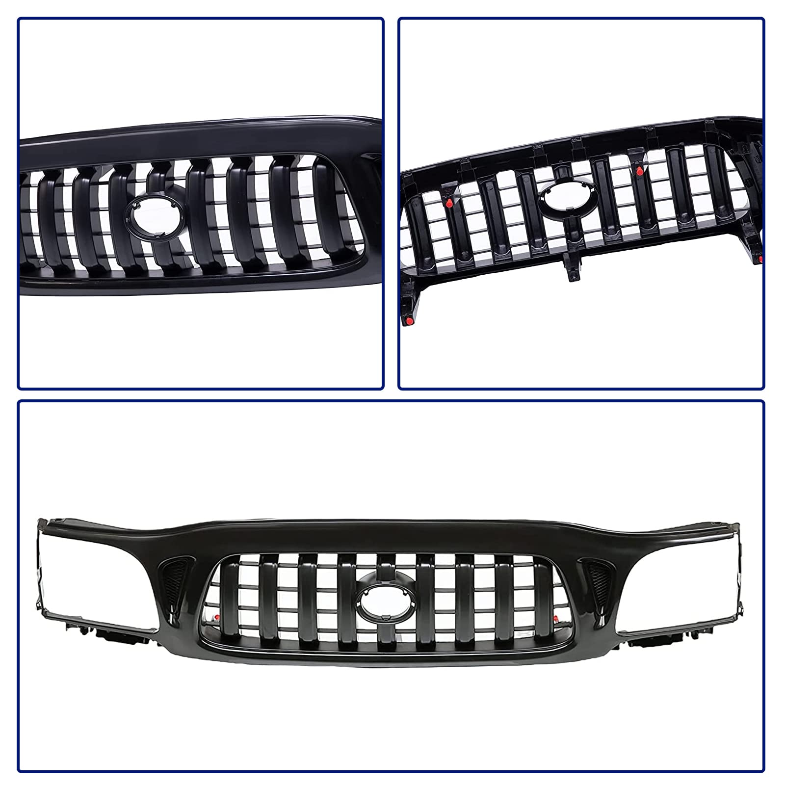 Black Front Grille Grill Assembly with Black Shell & Insert for 2001-2004 Toyota Tacoma Pickup Truck - Off-Road Upgrade & Custom Styling Accessory