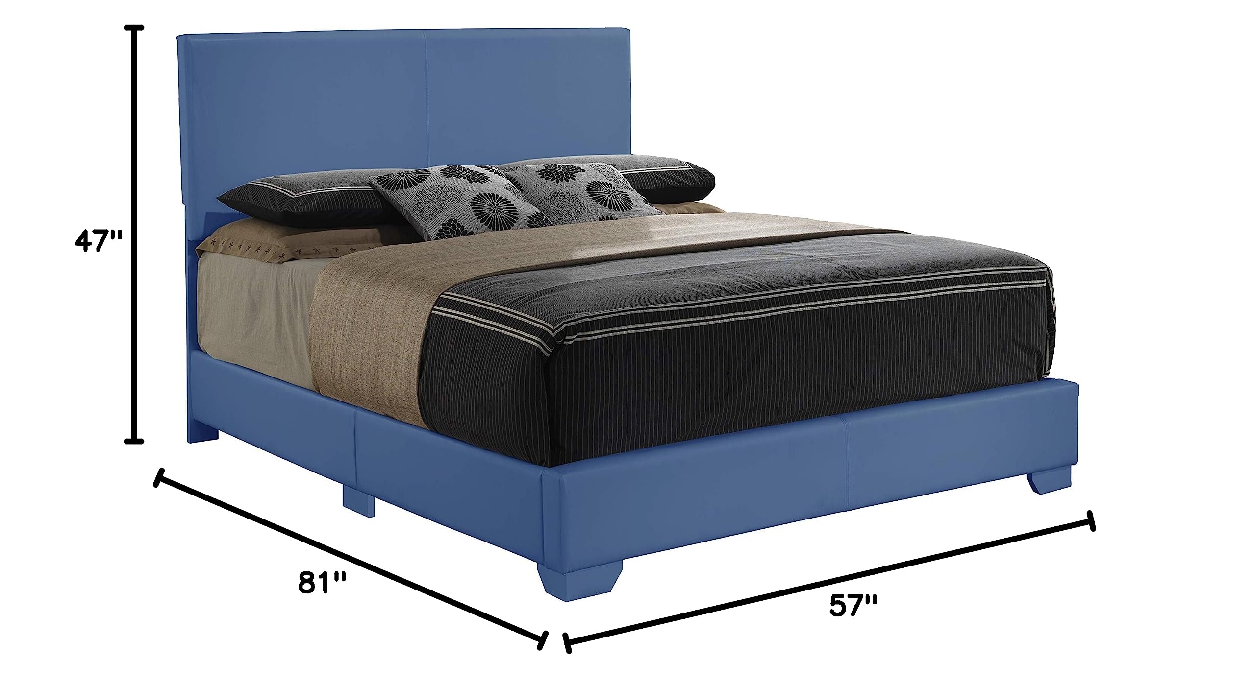 Glory Furniture Aaron Faux Leather Upholstered Full Size Bed Frame in Blue - Modern Bedroom Furniture for Guest Rooms & Master Suites