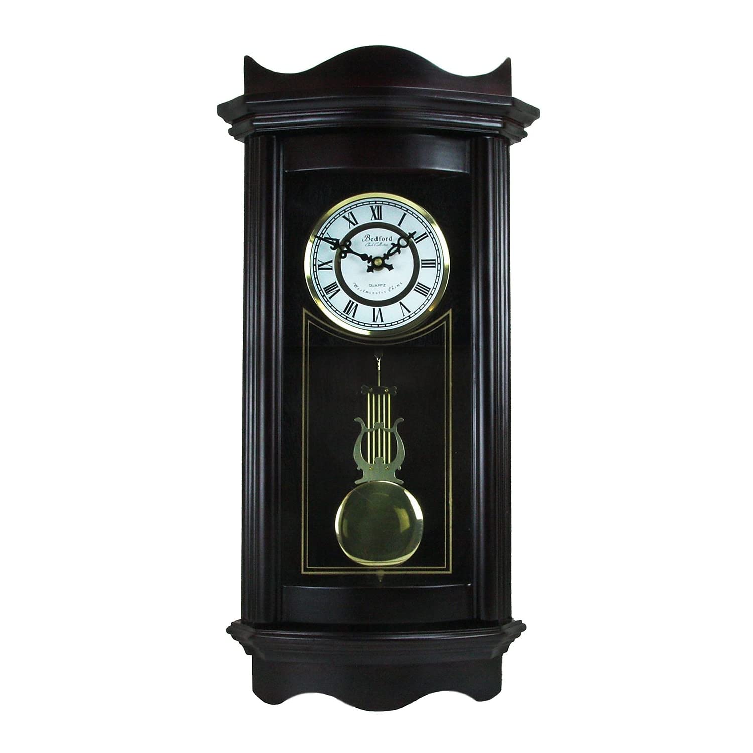 25 Inch Bedford Chiming Pendulum Wall Clock - Weathered Chocolate Cherry Finish - Vintage Style Decorative Clock for Living Room, Bedroom & Office
