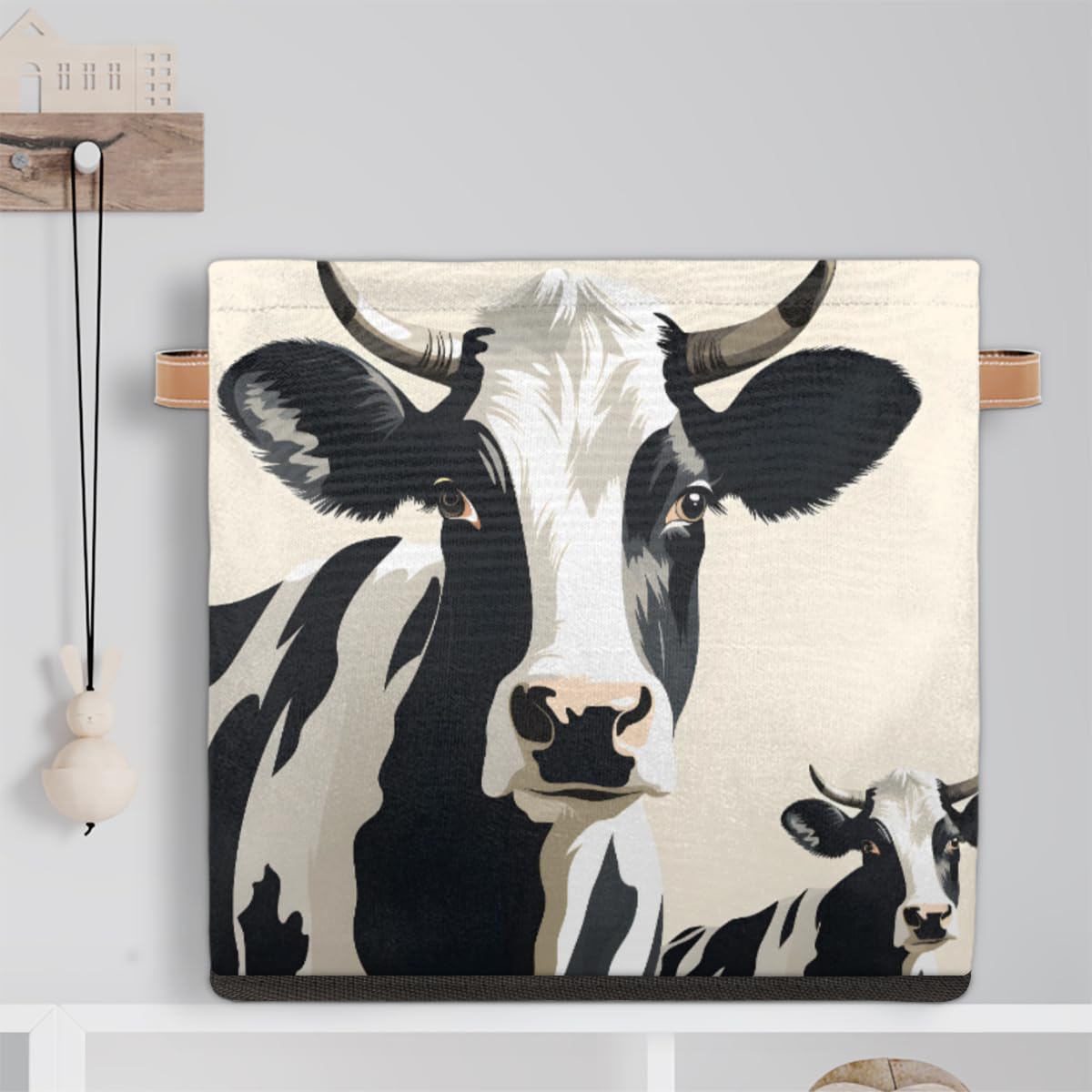 13 Inch Cute Cow Fabric Storage Bins with Leather Handles - Foldable Closet Organizer Baskets for Bedroom, Living Room & Shelves | Perfect for Kids' Room, Nursery, and Home Organization
