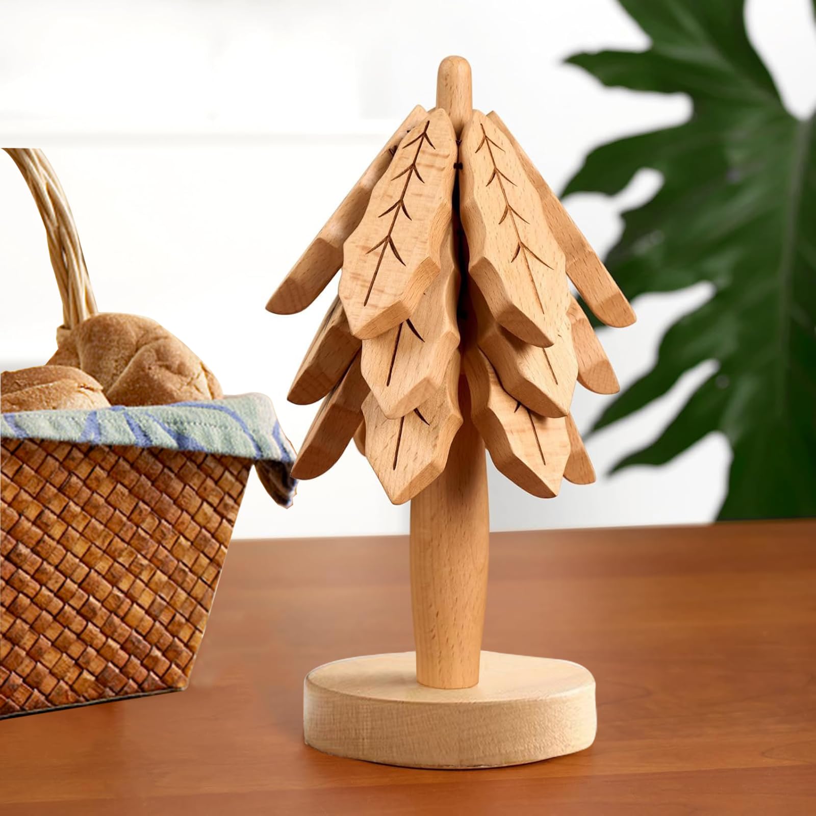 Premium Wooden Trivet Set for Hot Pots & Pans - 3-Layer Heat-Resistant Tree Design with Stand - Perfect for Dining Table, Kitchen Counter & Outdoor BBQ Protection