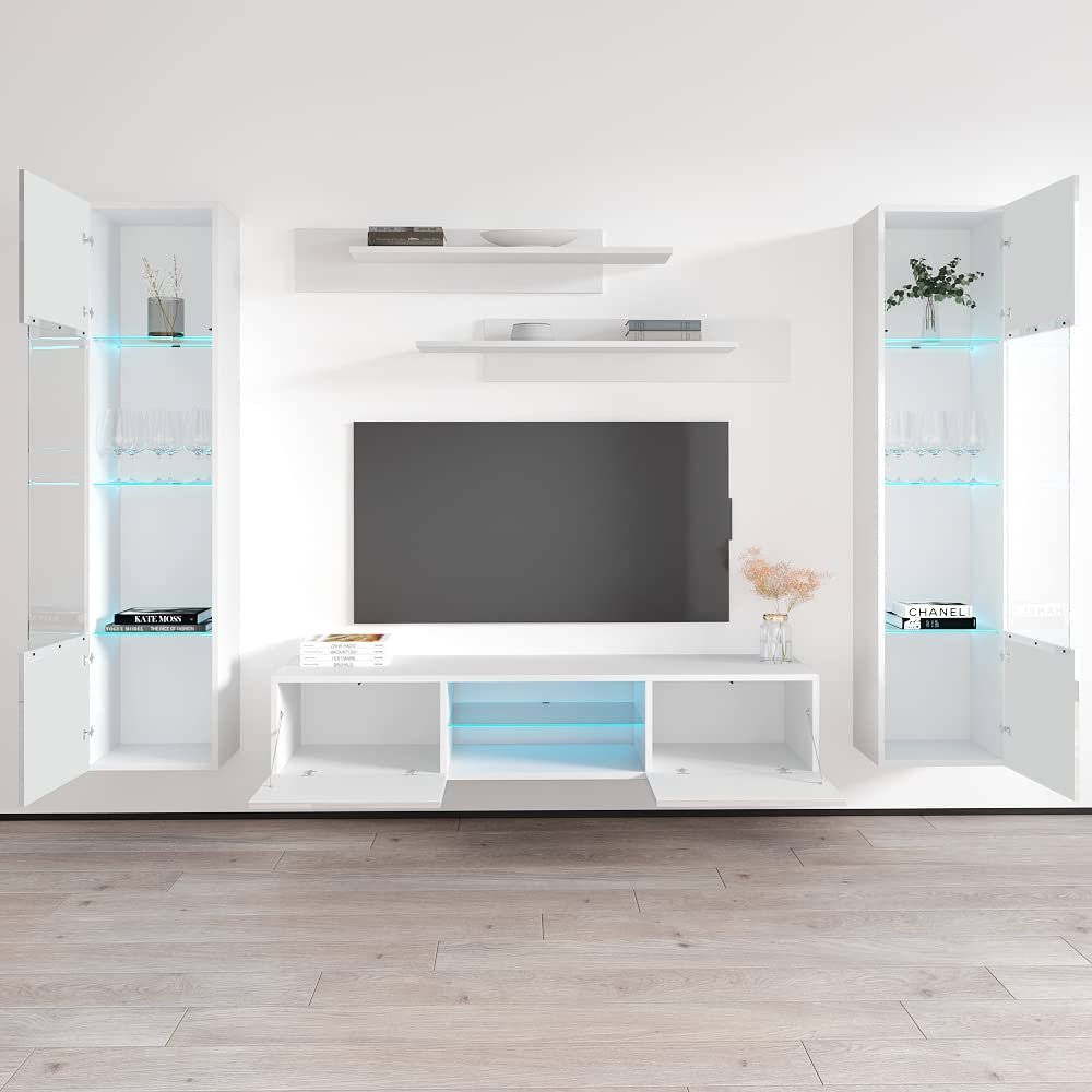 Modern Floating TV Stand with Storage Shelves & LED Lights - Wall-Mounted Entertainment Center Console for Bedroom & Living Room - Space-Saving TV Cabinet for Small Apartments & Home Theaters - White