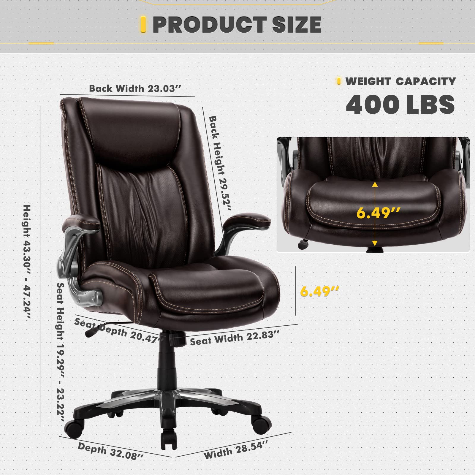 COLAMY Big and Tall Office Chair 400lbs - Heavy Duty High Back Executive Desk Chair with Flip-Up Arms & Wide Seat - Ergonomic Computer Chair for Home Office (Brown) - Perfect for Long Work Hours & Large Individuals