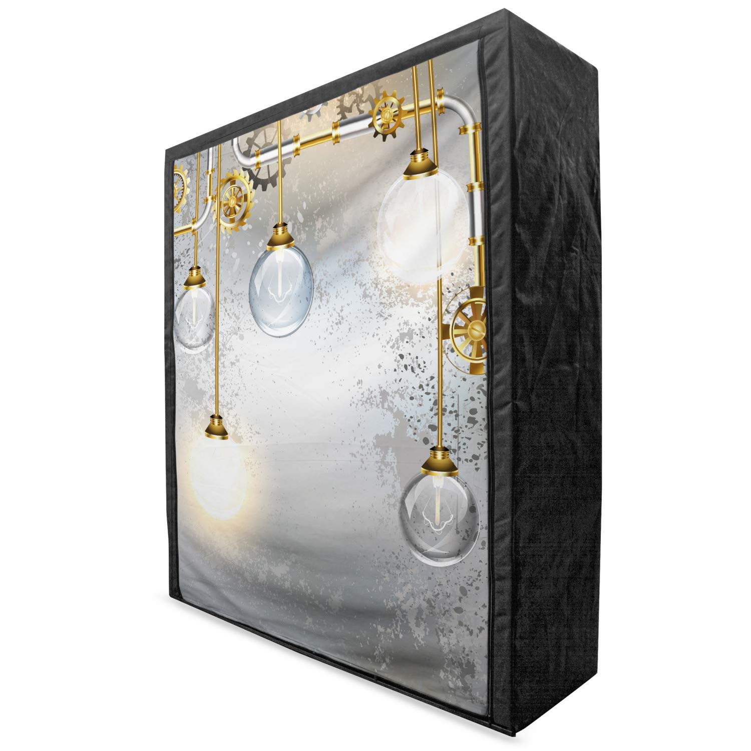 Ambesonne Industrial Portable Fabric Wardrobe - Steampunk Style Antique Brass Fastening Clothing Organizer with Shelves, 59 Inch, Yellow Grey White | Perfect for Bedroom, Dorm, Apartment & Small Space Storage Solution