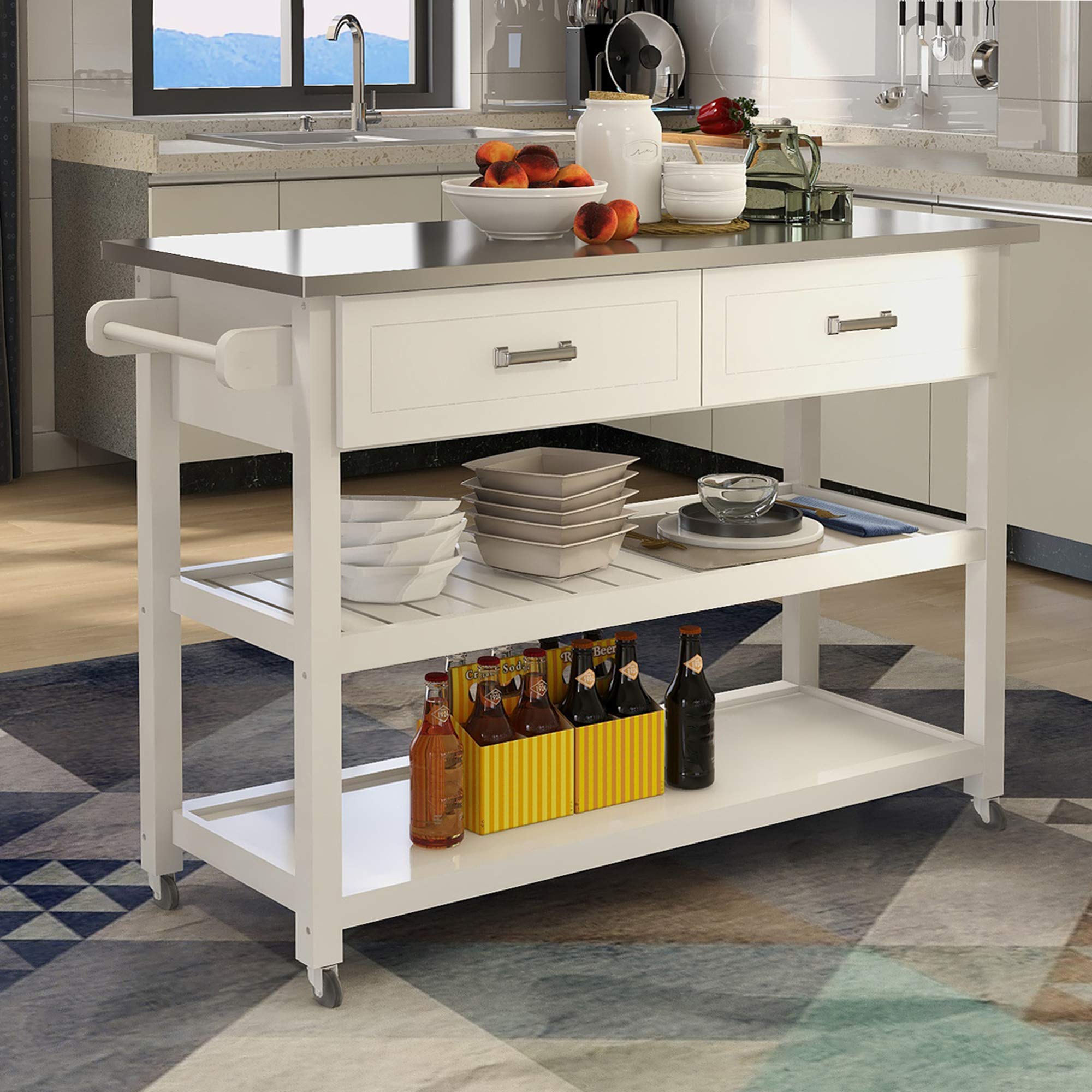 Stainless Steel Kitchen Cart with White Table Top & 2 Drawers - Mobile Storage Island for Small Spaces, Food Prep & Dining - Perfect for Apartments, Dorms & Compact Kitchens