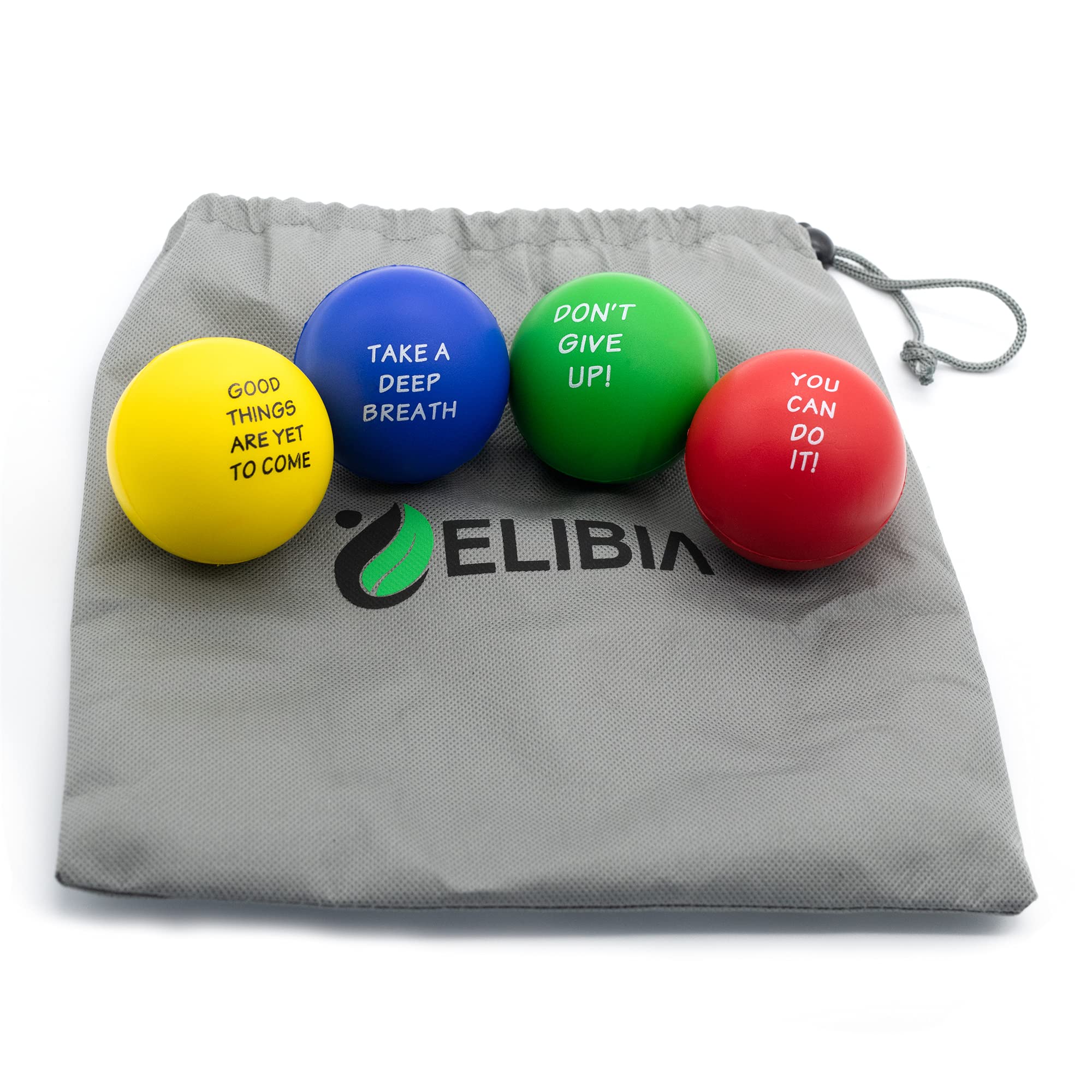 Elibia Set of 4 Motivational Stress Relief Balls for Adults & Kids - Hand Therapy Exercise Balls, Grip Strengthener for Anxiety Relief - Squeeze Toys for Office, Classroom, Home Use - Perfect for Stress Management and Hand Rehabilitation