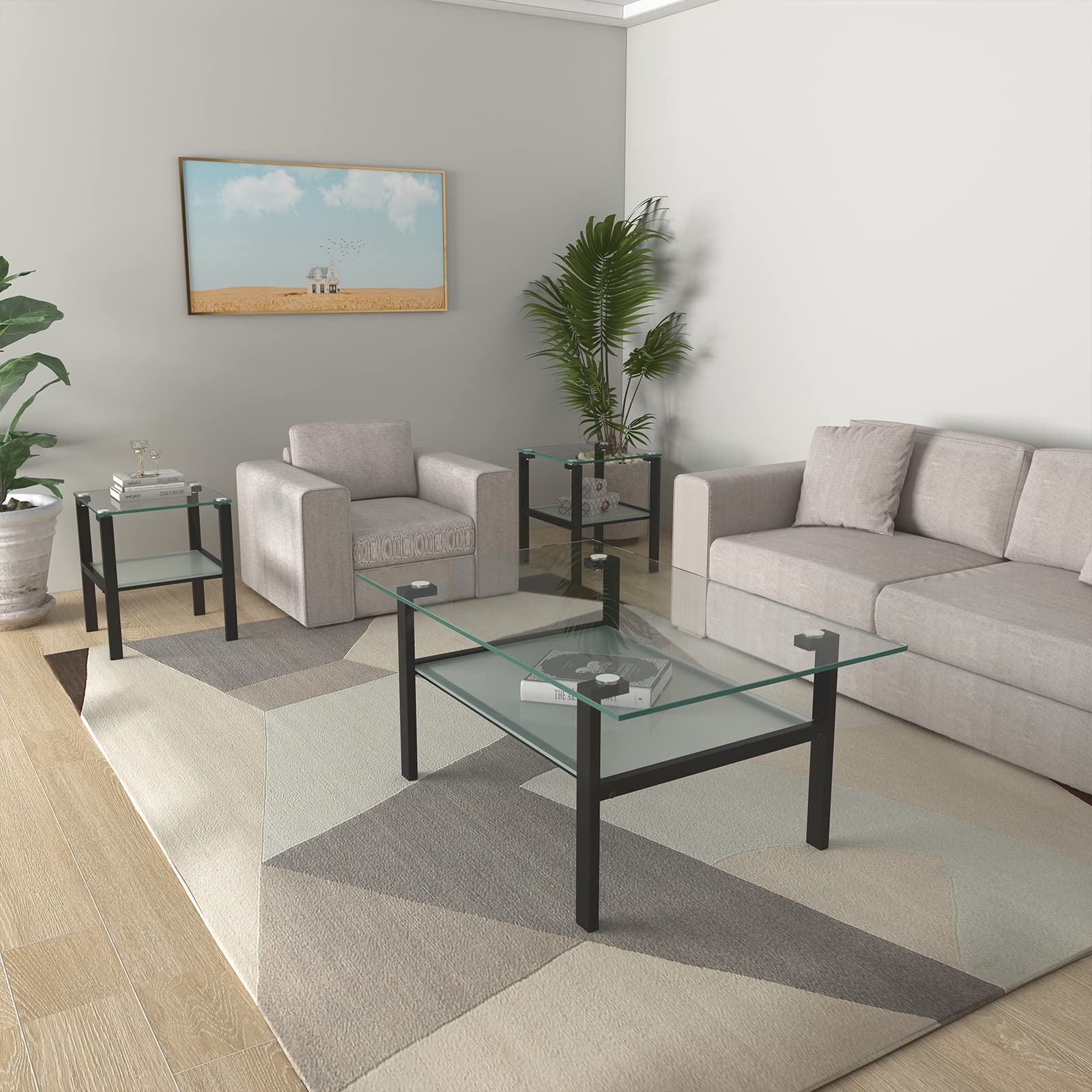 3-Piece Glass Coffee Table Set with Black Metal Legs & Clear Tempered Glass - Modern Living Room Coffee Table and End Table Set for Home Decor | Perfect for Small Spaces, Apartments & Lounge Areas