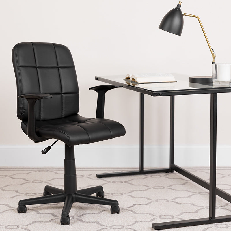 FLASH Clayton Mid Back Black Quilted Vinyl Swivel Task Office Chair with Arms - Ergonomic Desk Chair for Home Office, Computer Workstation & Conference Room