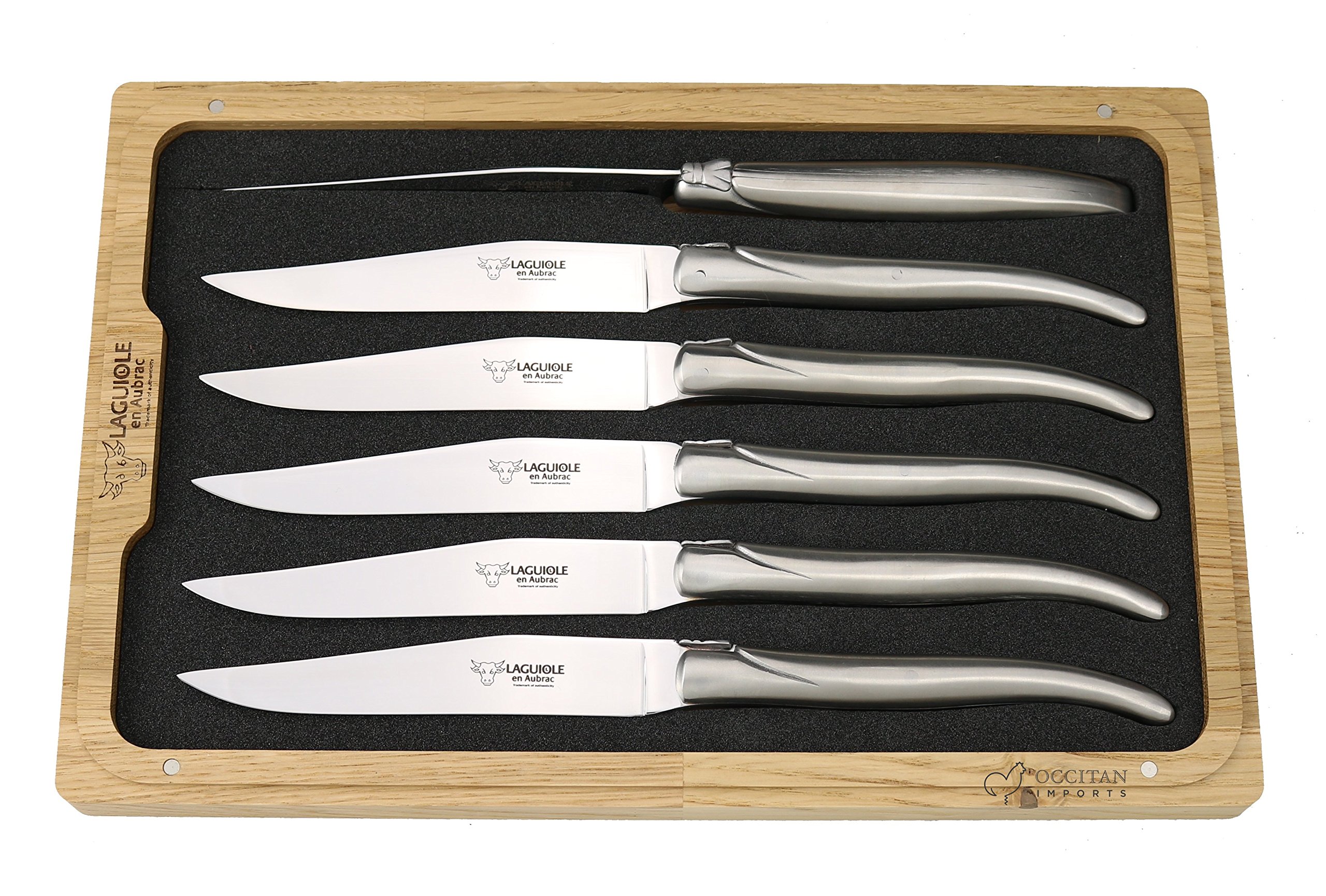 Premium Laguiole en Aubrac Steak Knives Set - 6-Piece Brushed Stainless Steel Blades with Ergonomic Handles - Perfect for Steak Dinners, BBQ Parties & Fine Dining Gifts
