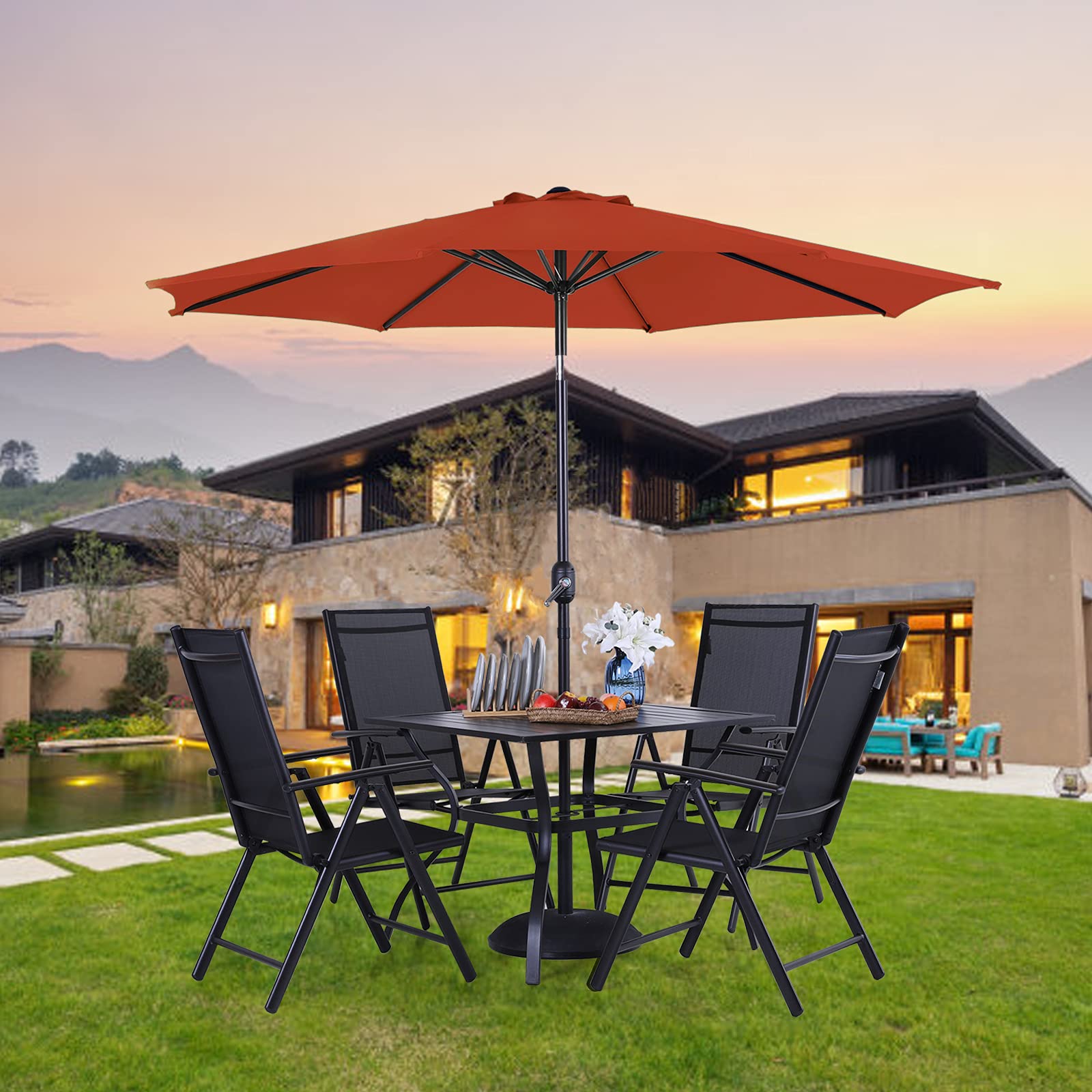 PHI VILLA 4-Piece Outdoor Patio Dining Set with 9ft Umbrella - Adjustable Folding Chairs & 37