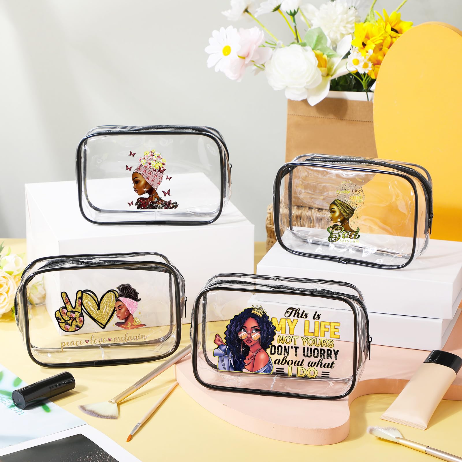 Sweetude 4-Piece African American Makeup Bag Set - Waterproof Travel Toiletry Organizer with Zipper, Funny Inspirational Cosmetic Pouches for Black Women | Perfect for Travel, Gym, Work & Daily Essentials Storage