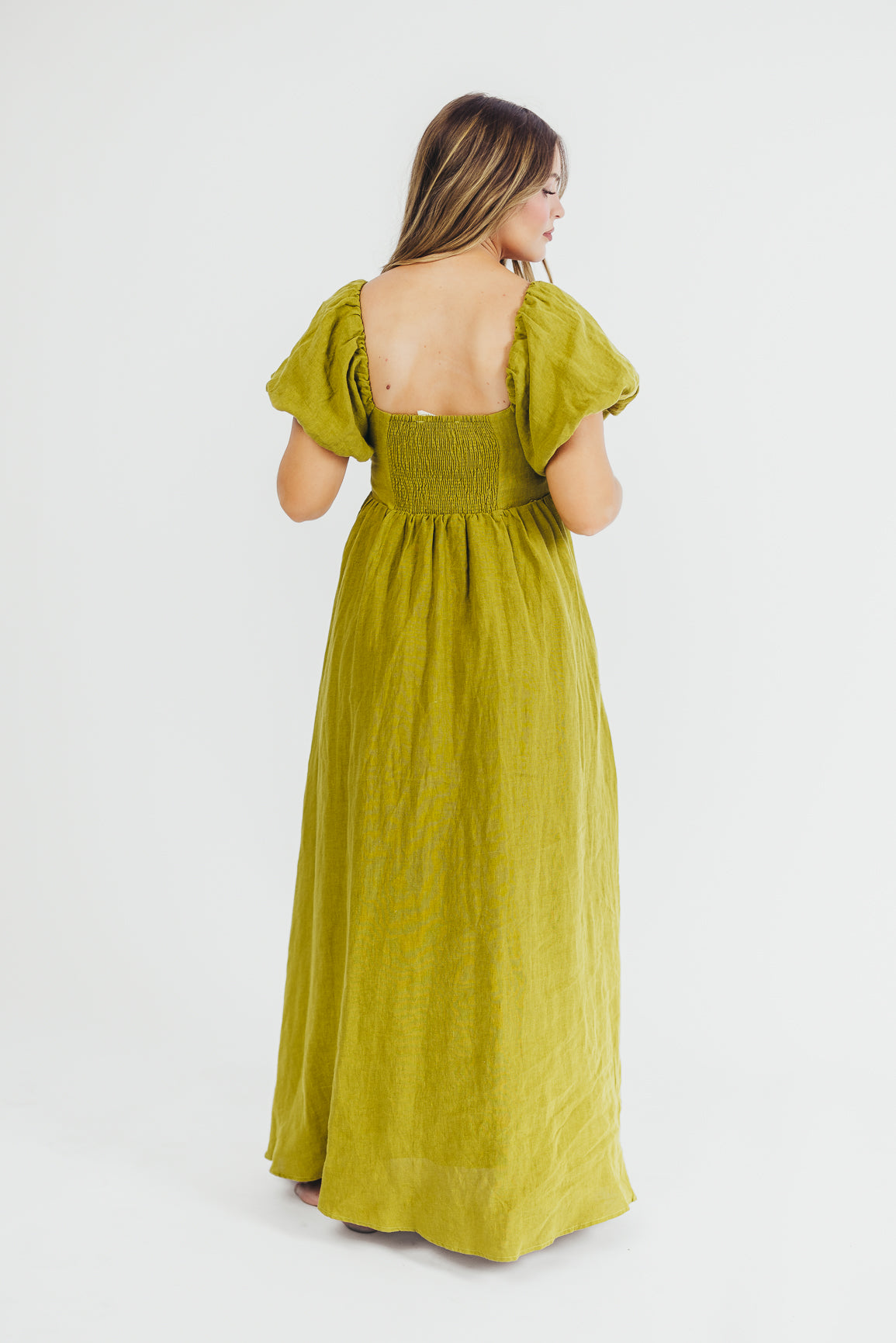 Candace Maxi Dress in Olive - 100% Linen Bump Friendly Maternity Dress for Women - Perfect for Summer, Beach, and Casual Outings